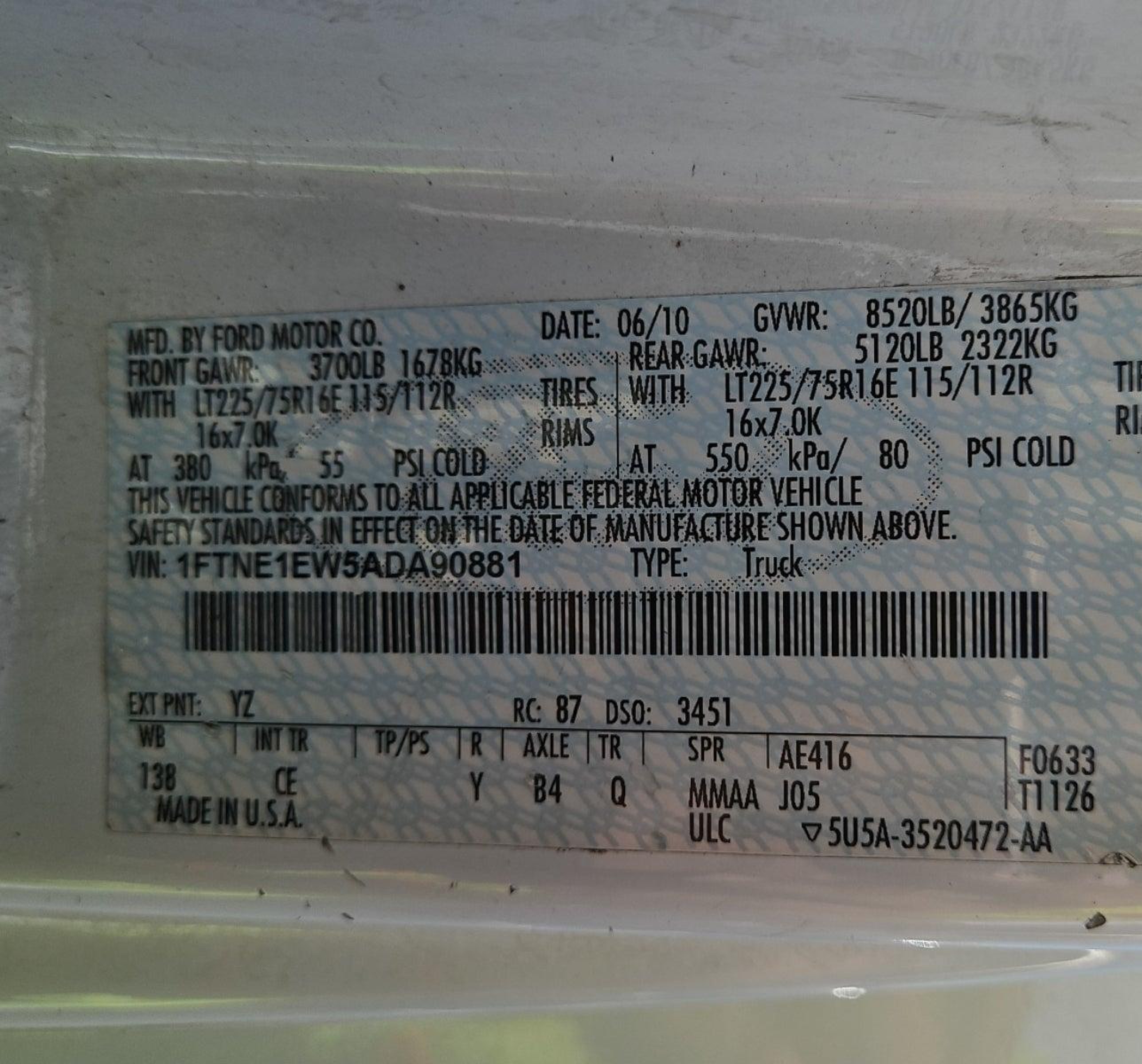 2010 Ford E-150 Commercial vin: 1FTNE1EW5ADA90881
