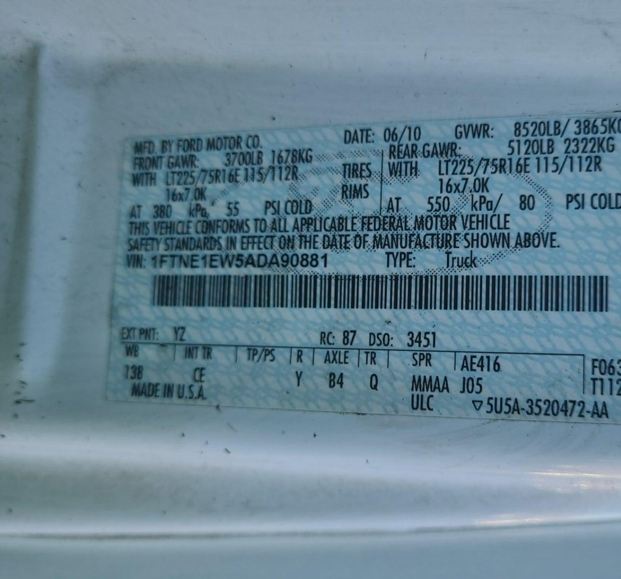 2010 Ford E-150 Commercial vin: 1FTNE1EW5ADA90881