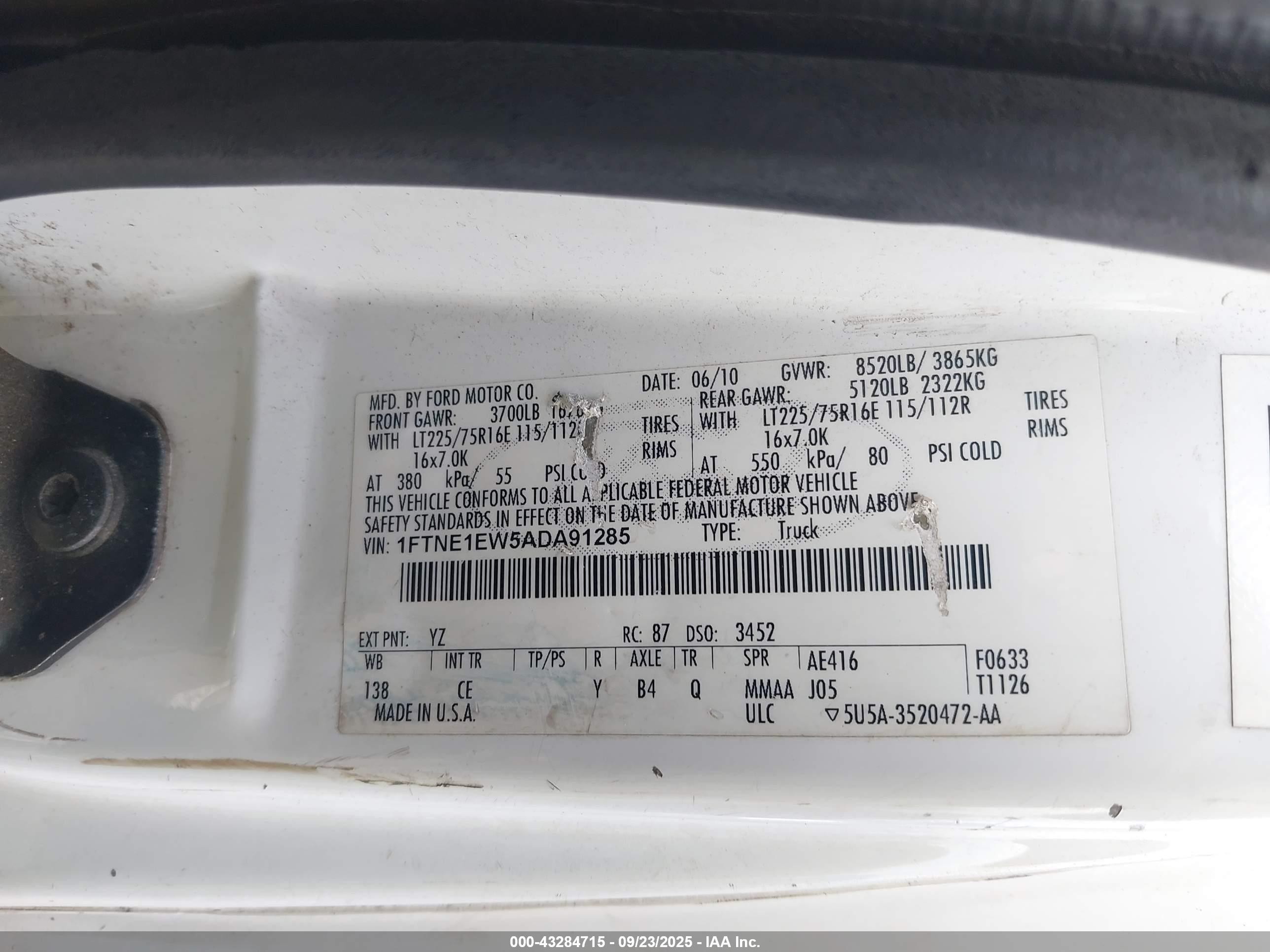 2010 Ford E-150 Commercial/recreational White vin: 1FTNE1EW5ADA91285