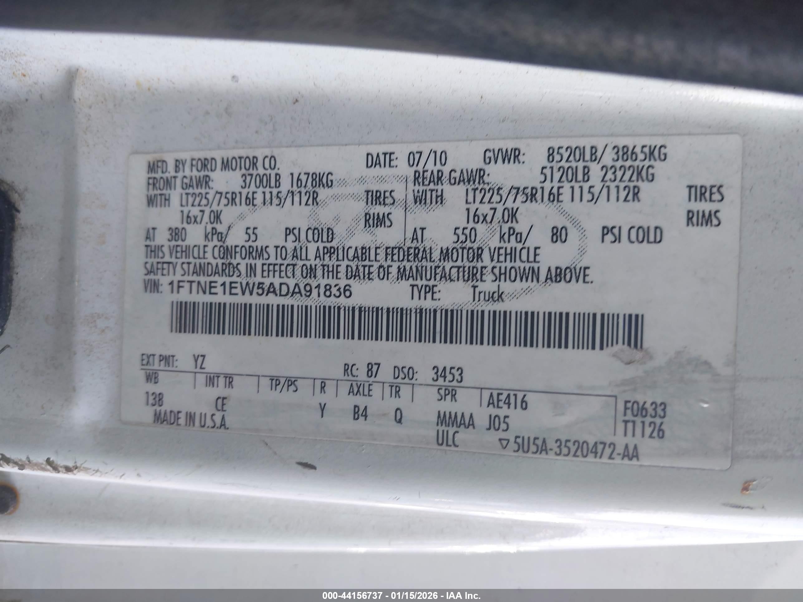 2010 Ford E-150 Commercial/recreational White vin: 1FTNE1EW5ADA91836