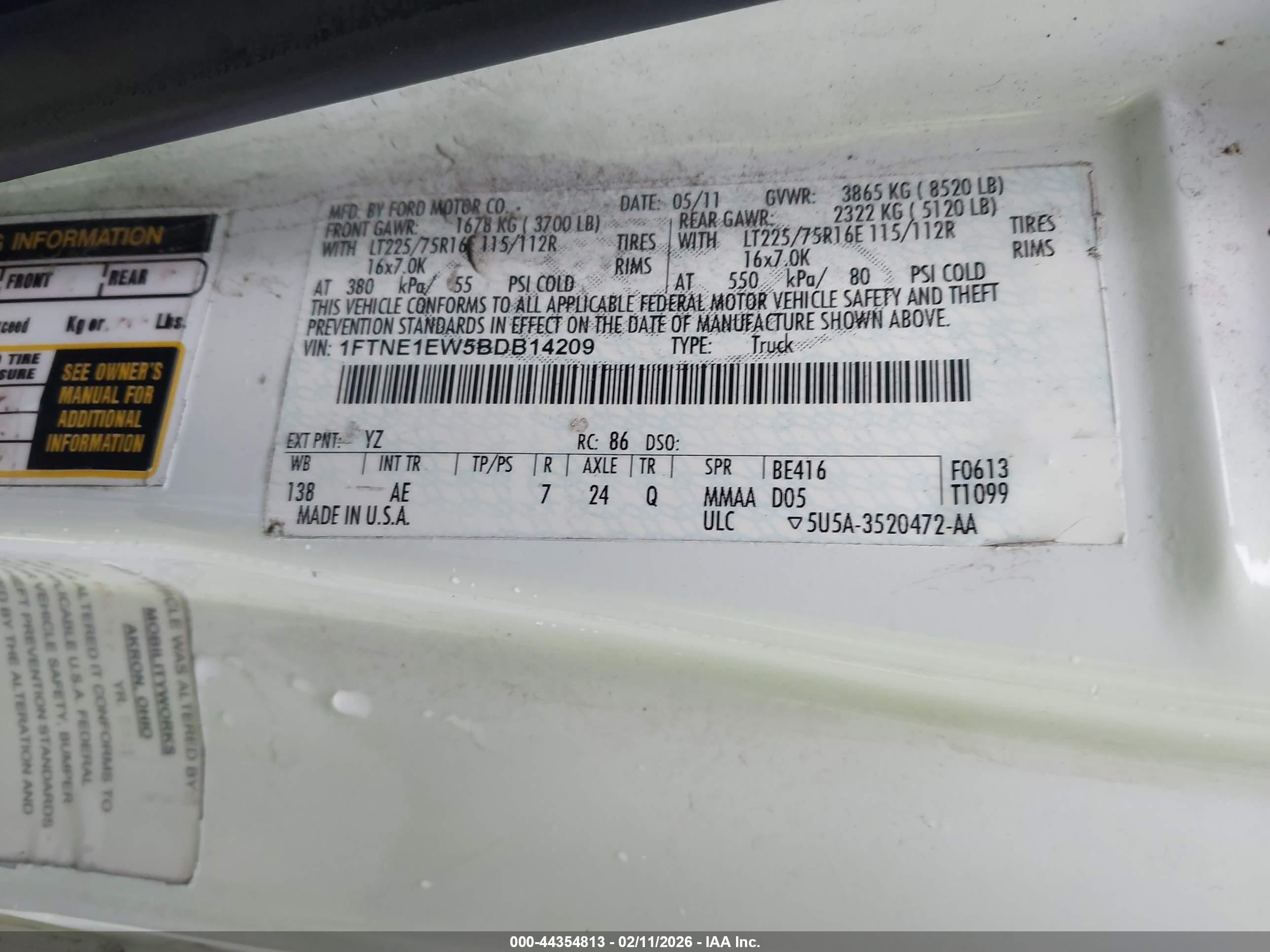 2011 Ford E-150 Commercial White vin: 1FTNE1EW5BDB14209