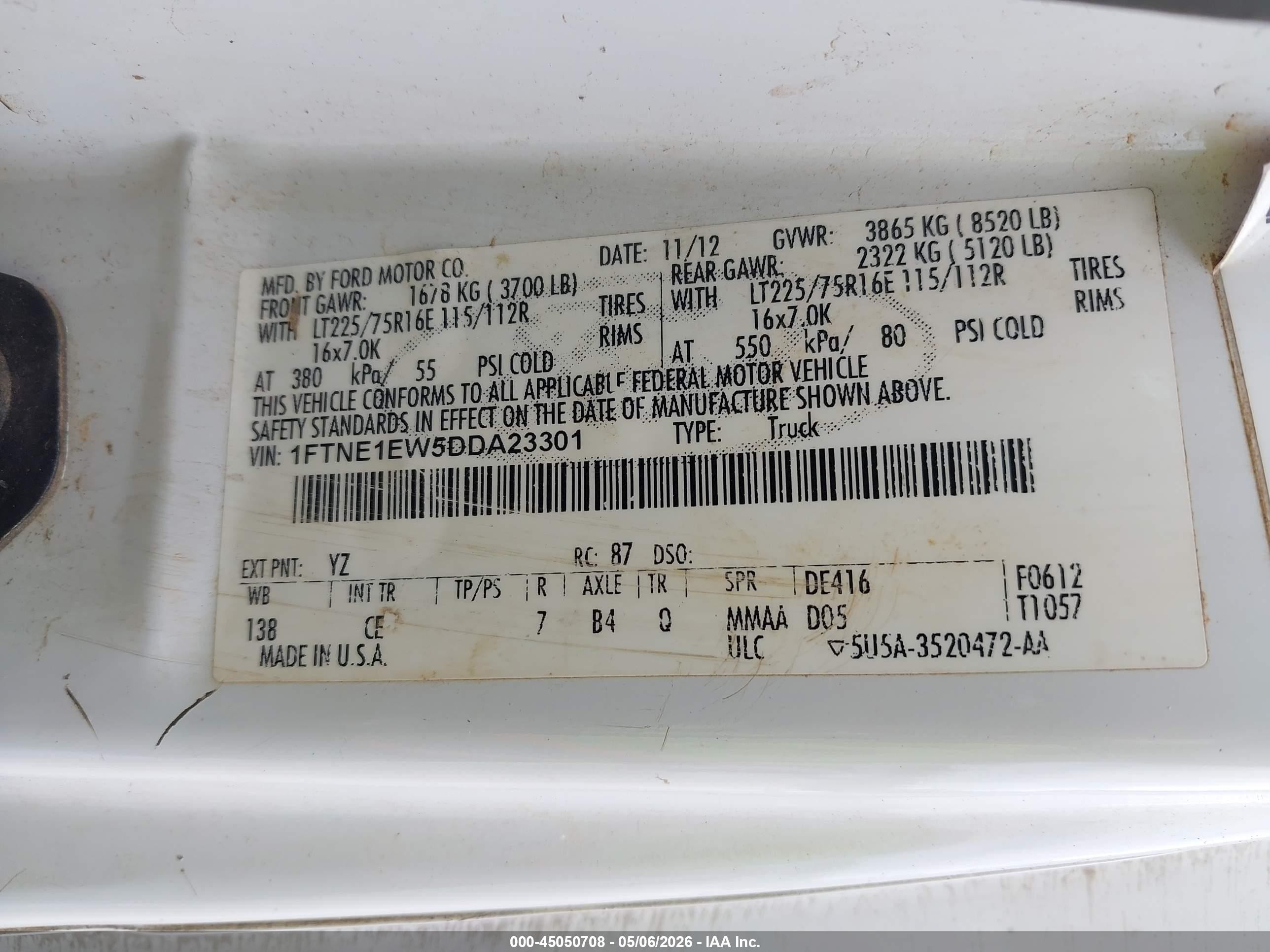 2013 Ford E-150 Commercial White vin: 1FTNE1EW5DDA23301