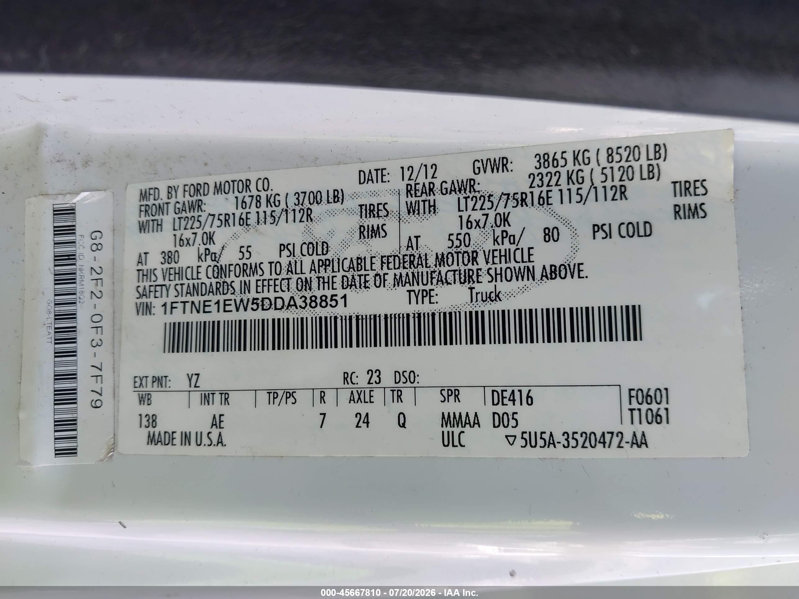 2013 Ford E-150 Commercial White vin: 1FTNE1EW5DDA38851