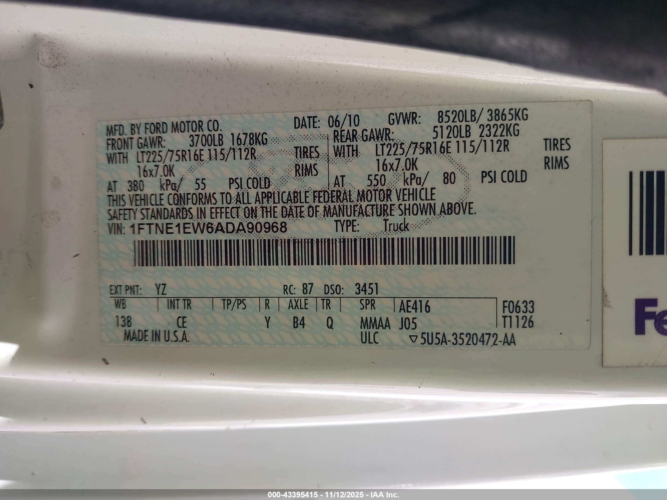 2010 Ford E-150 Commercial/recreational White vin: 1FTNE1EW6ADA90968