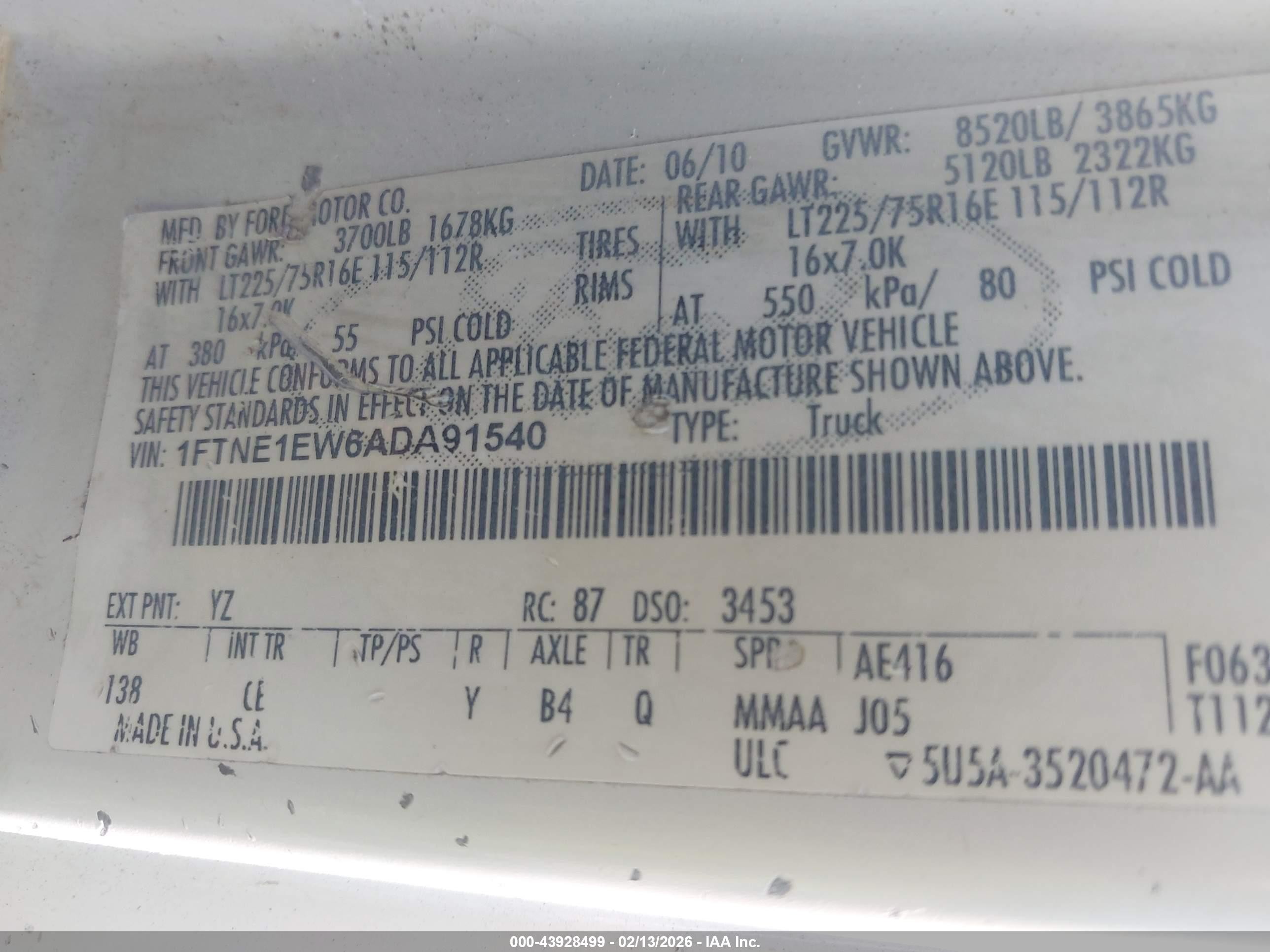 2010 Ford E-150 Commercial/recreational White vin: 1FTNE1EW6ADA91540