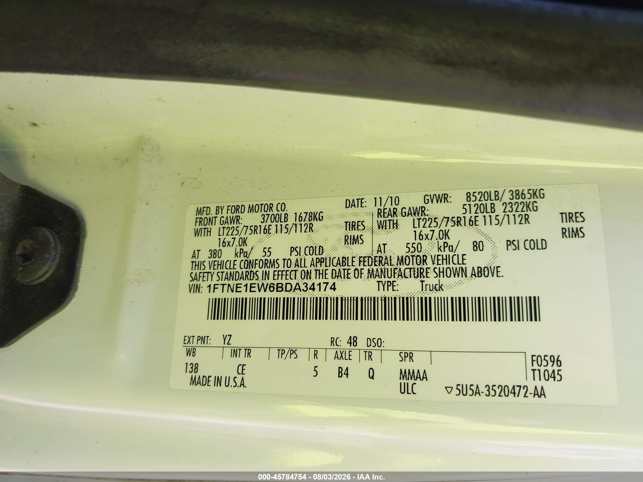 2011 Ford E-150 Commercial White vin: 1FTNE1EW6BDA34174