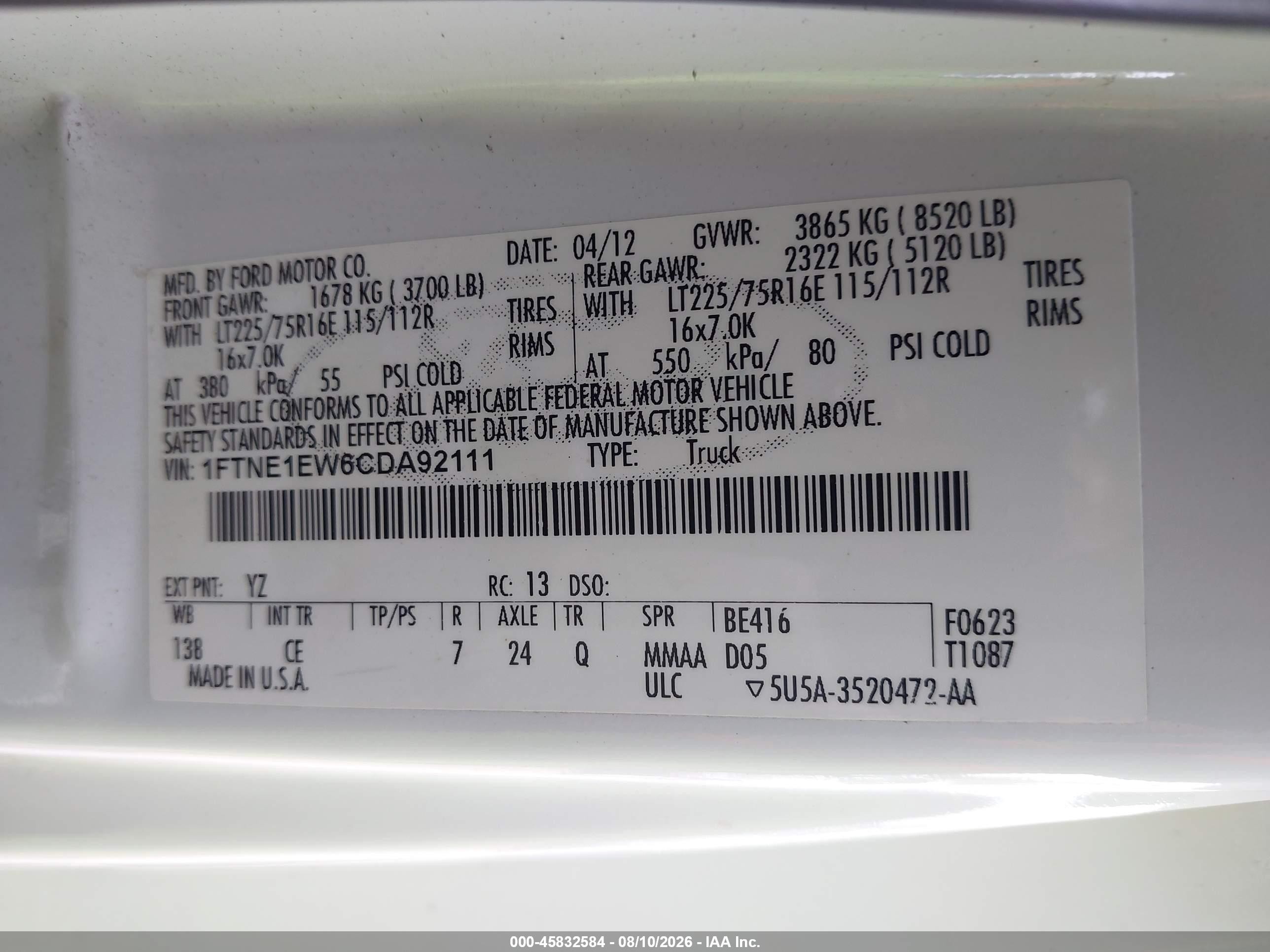 2012 Ford E-150 Commercial White vin: 1FTNE1EW6CDA92111