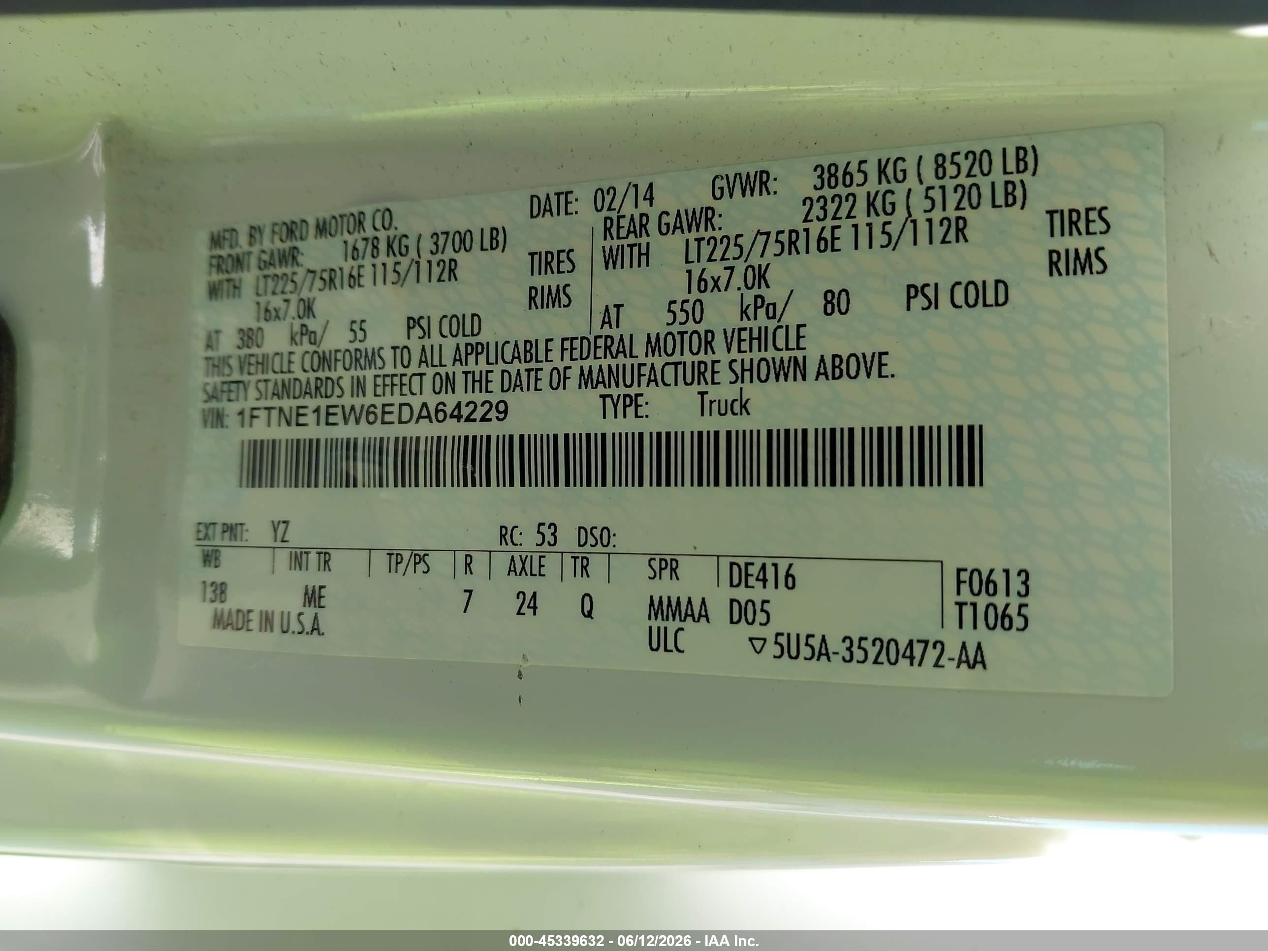 2014 Ford E-150 Commercial White vin: 1FTNE1EW6EDA64229