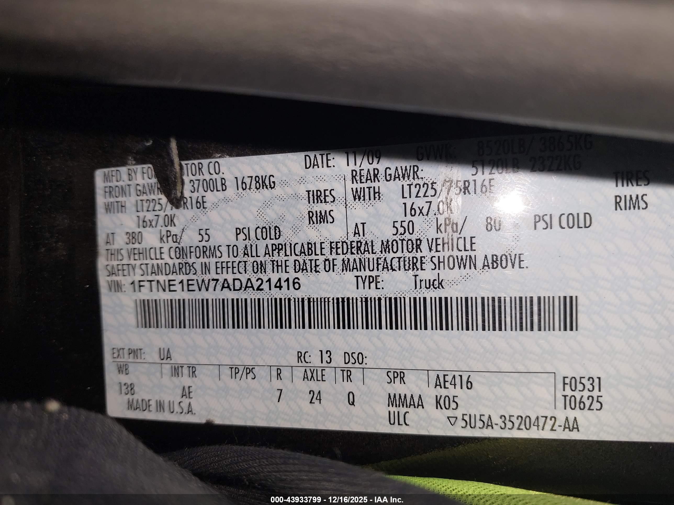 2010 Ford E-150 Commercial/recreational Black vin: 1FTNE1EW7ADA21416