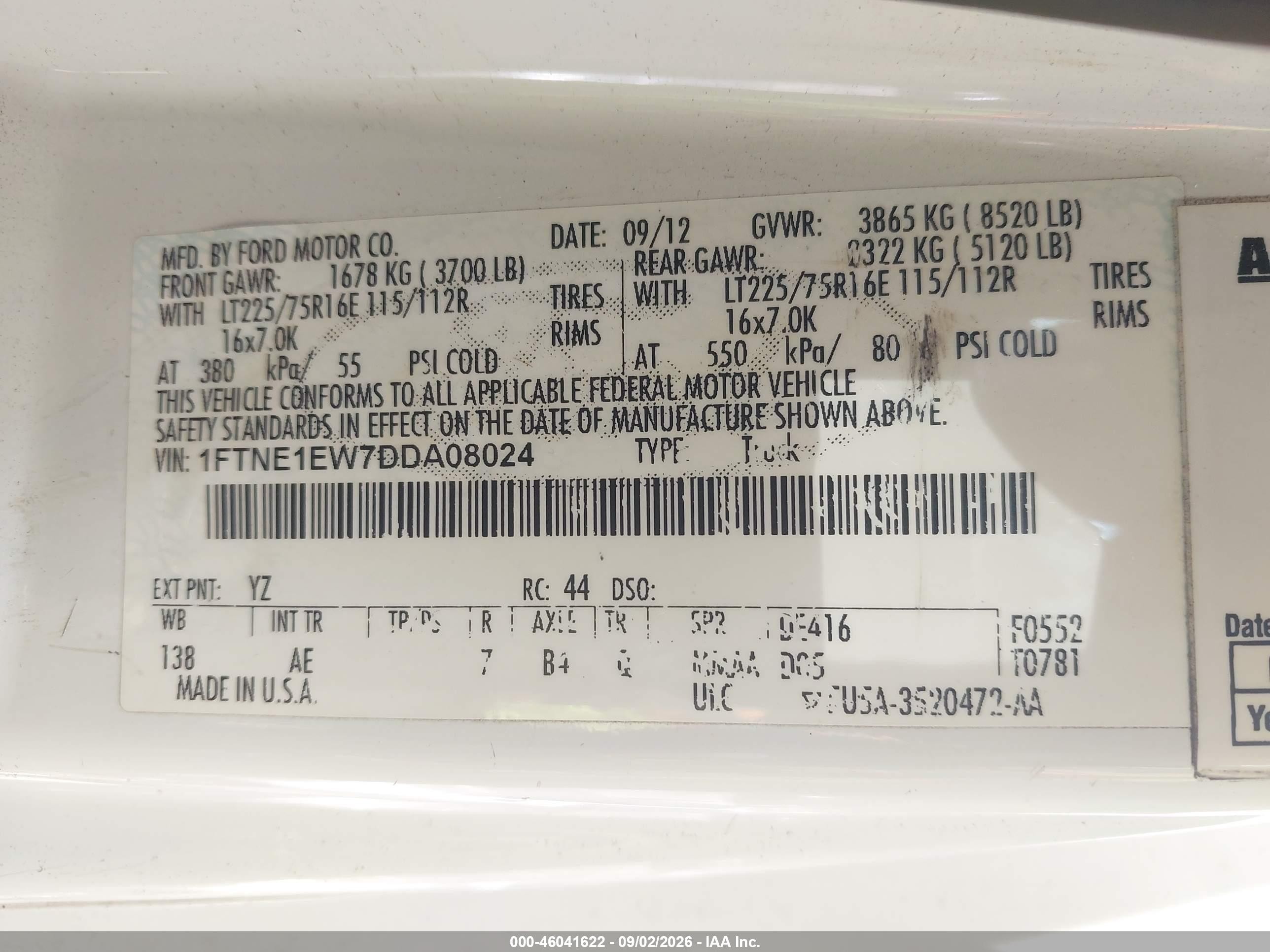2013 Ford E-150 Commercial White vin: 1FTNE1EW7DDA08024