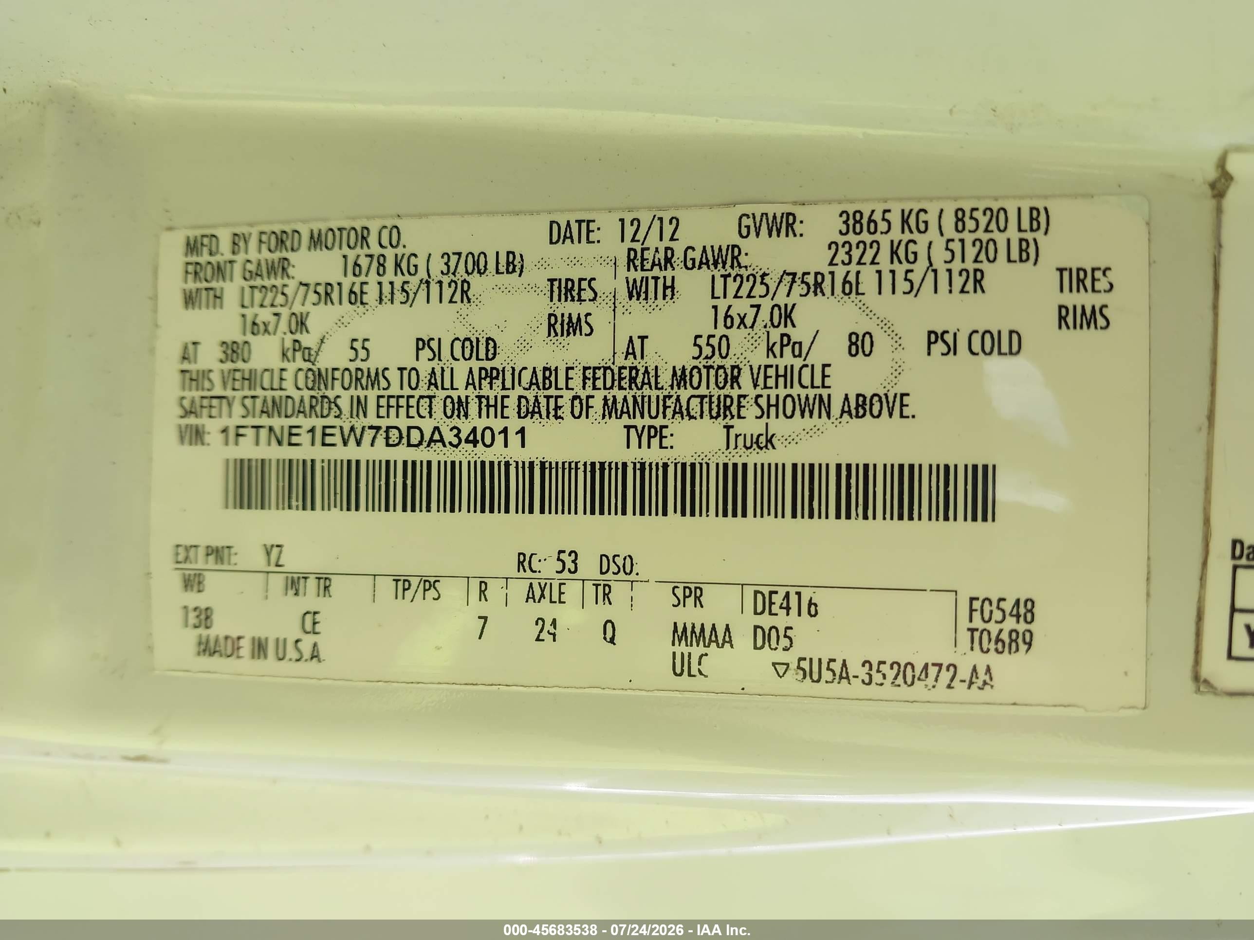 2013 Ford E-150 Commercial White vin: 1FTNE1EW7DDA34011