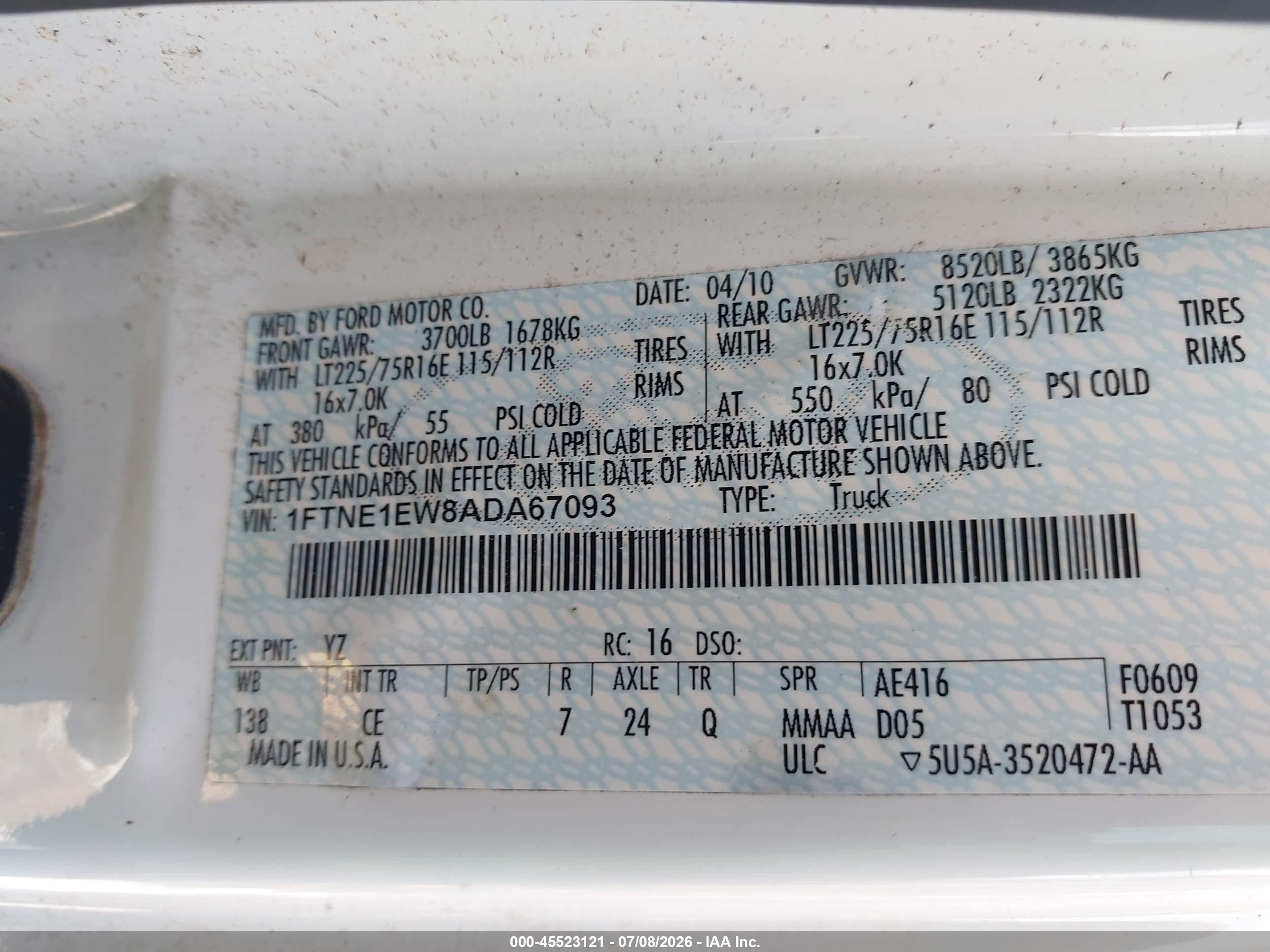 2010 Ford E-150 Commercial White vin: 1FTNE1EW8ADA67093