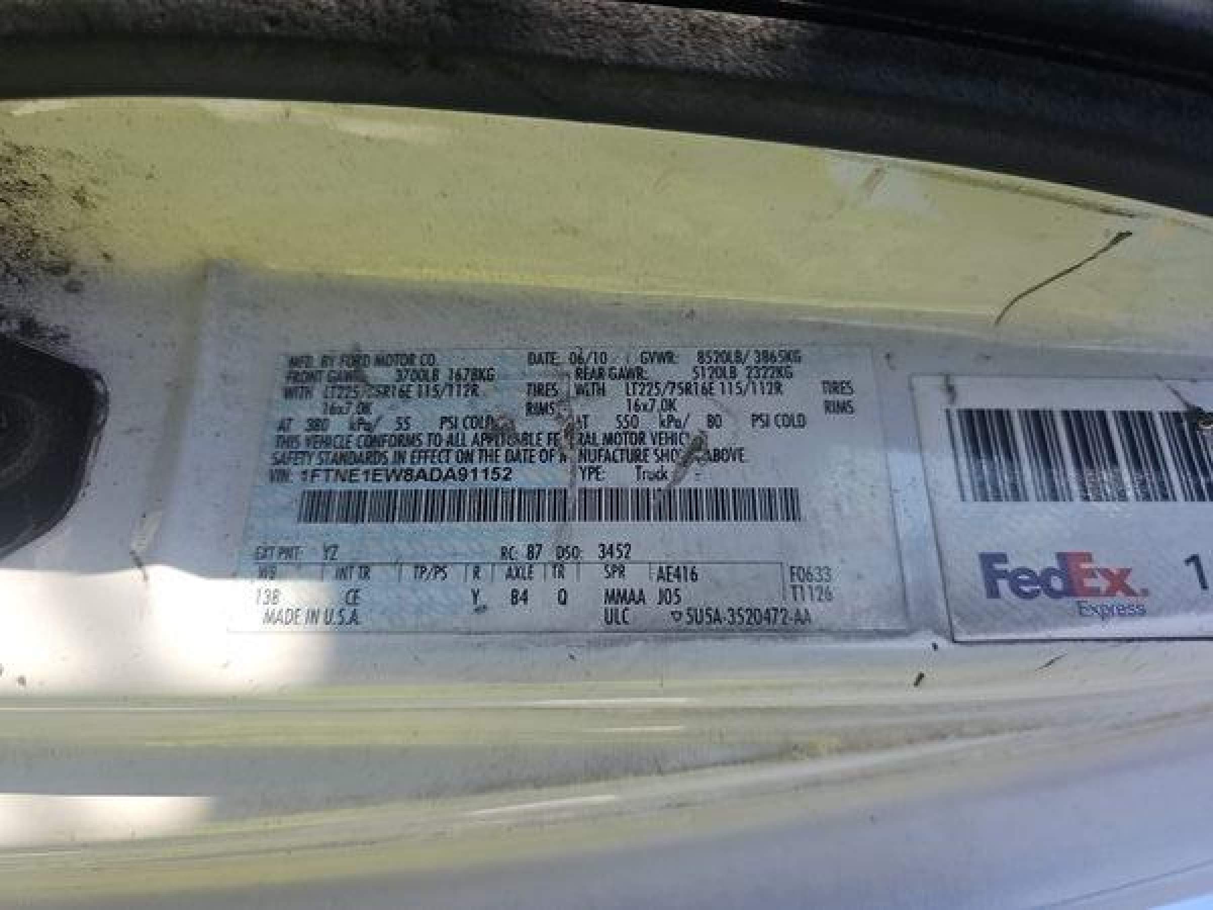 2010 Ford E-150 Commercial/recreational vin: 1FTNE1EW8ADA91152