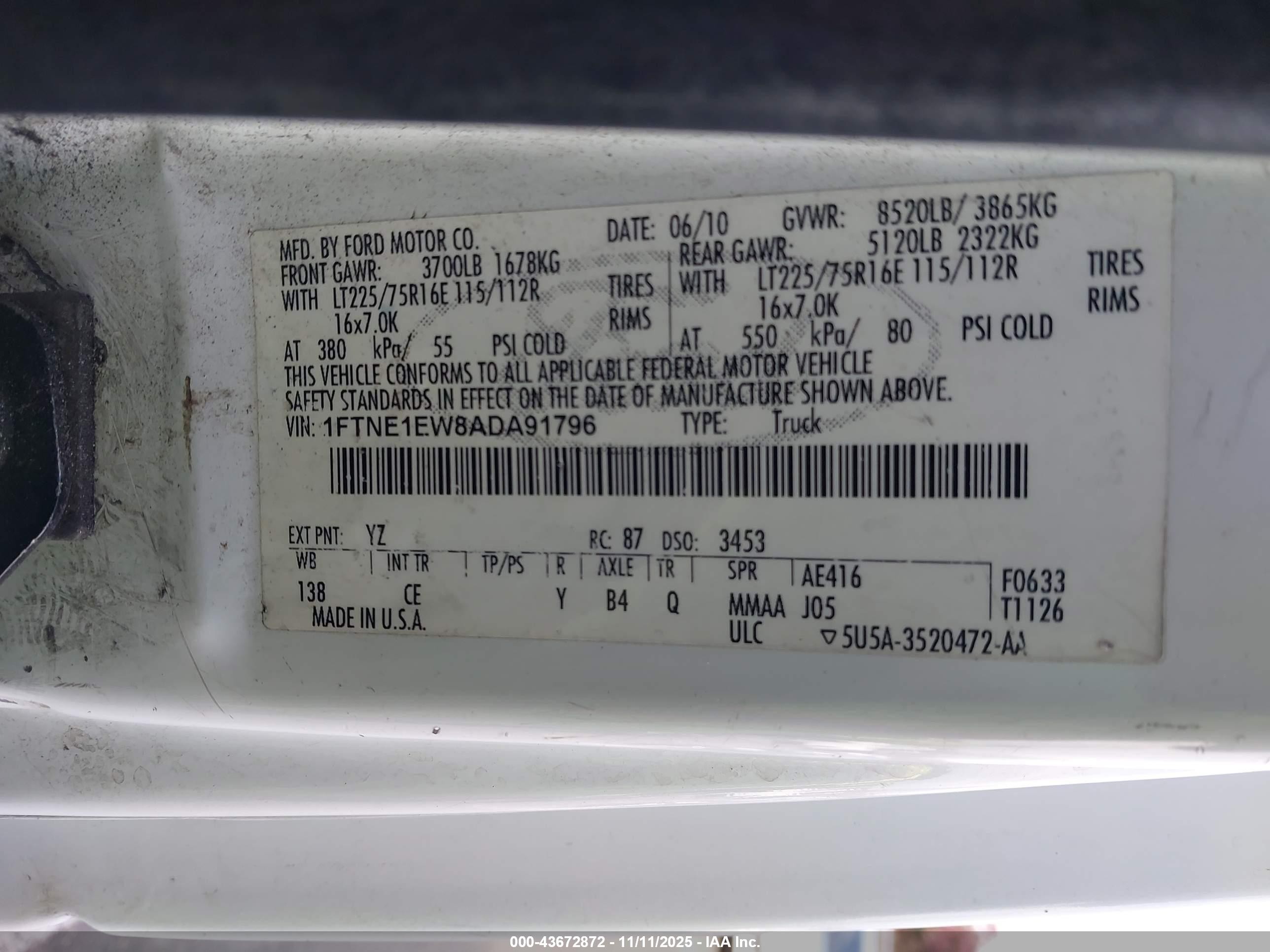 2010 Ford E-150 Commercial/recreational White vin: 1FTNE1EW8ADA91796