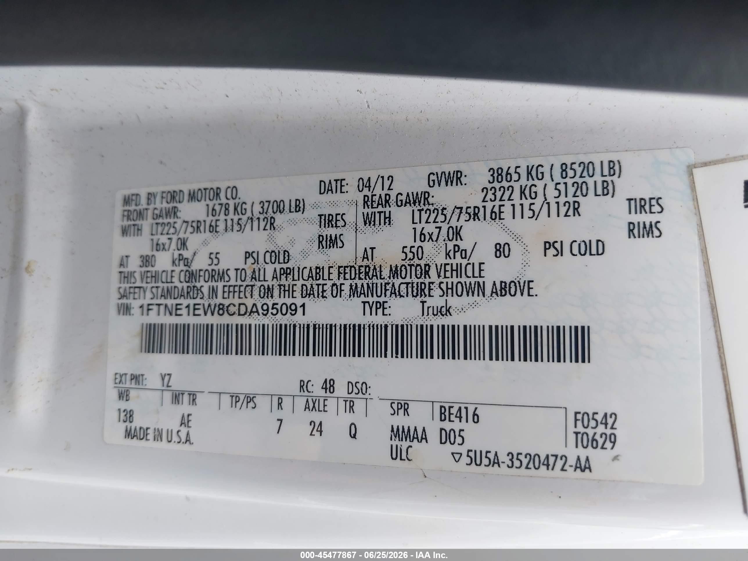 2012 Ford E-150 Commercial/recreational White vin: 1FTNE1EW8CDA95091