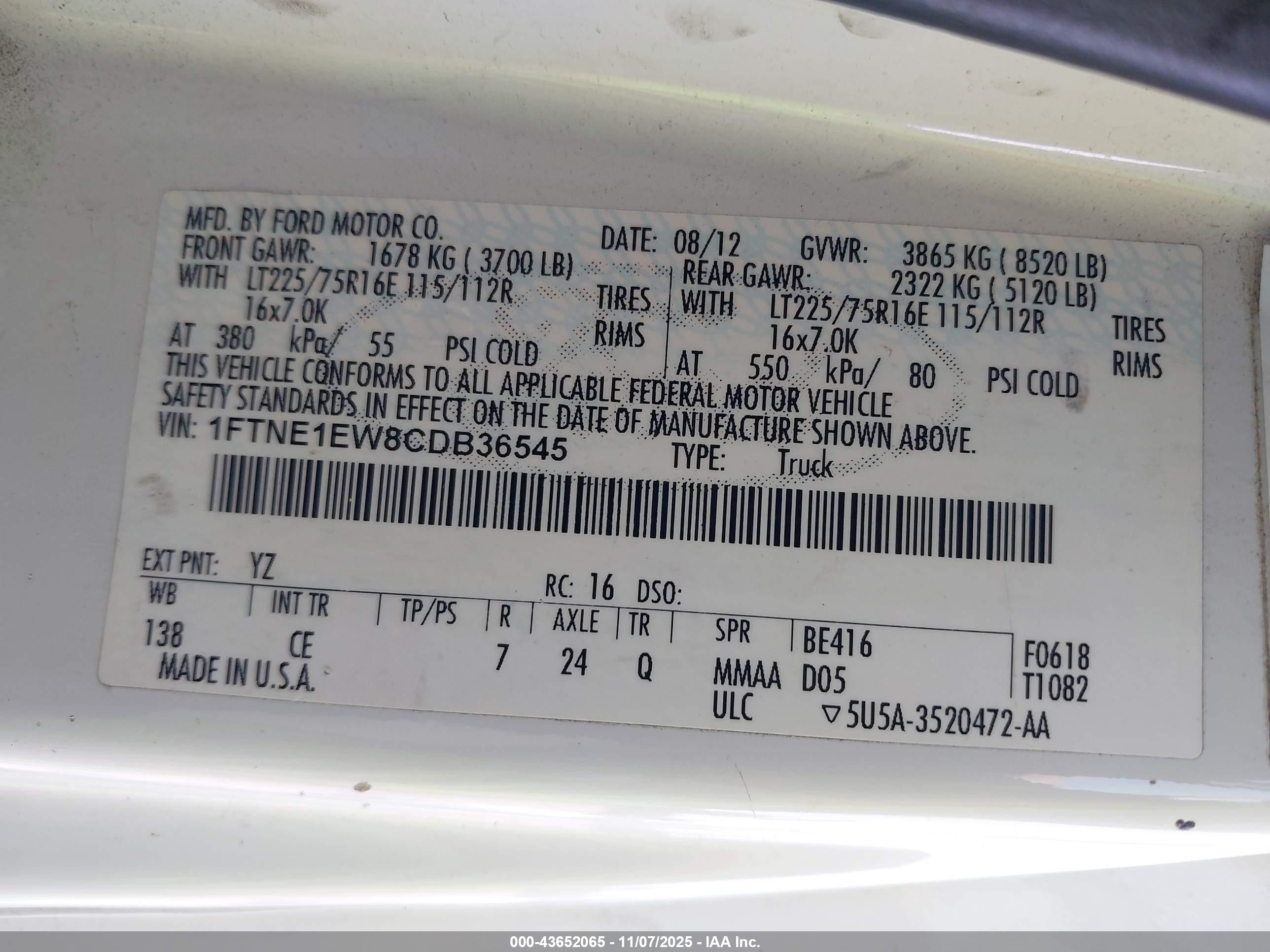 2012 Ford E-150 Commercial White vin: 1FTNE1EW8CDB36545