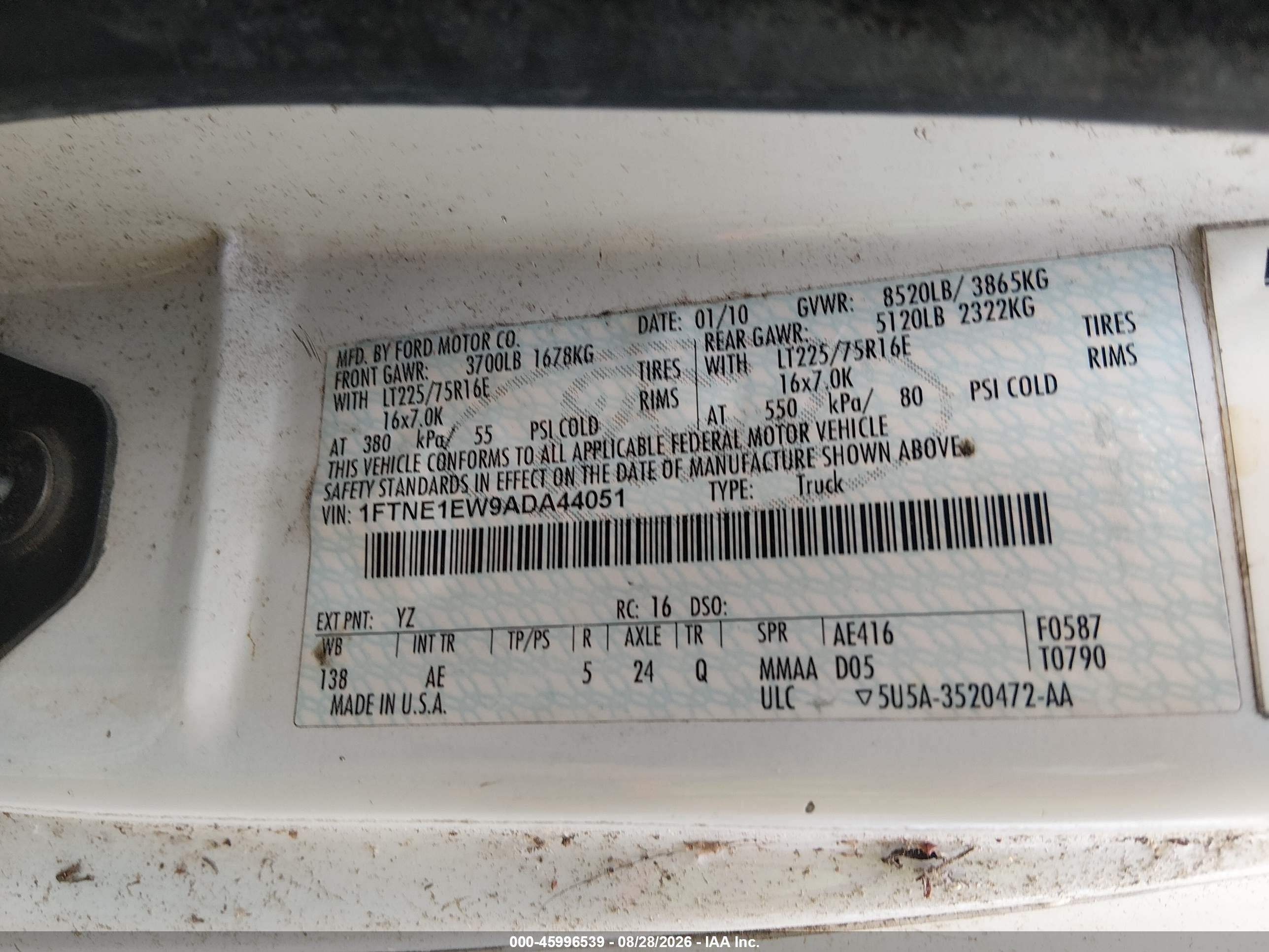 2010 Ford E-150 Commercial White vin: 1FTNE1EW9ADA44051