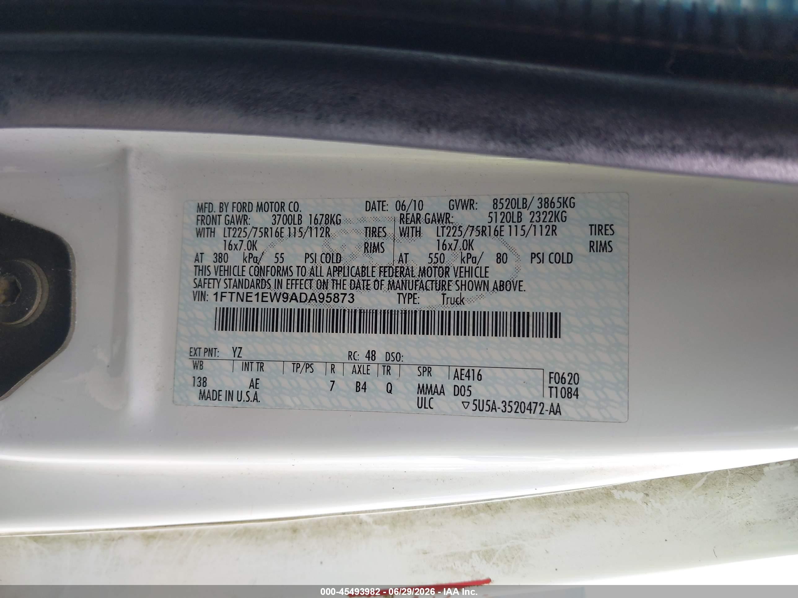 2010 Ford E-150 Commercial/recreational White vin: 1FTNE1EW9ADA95873