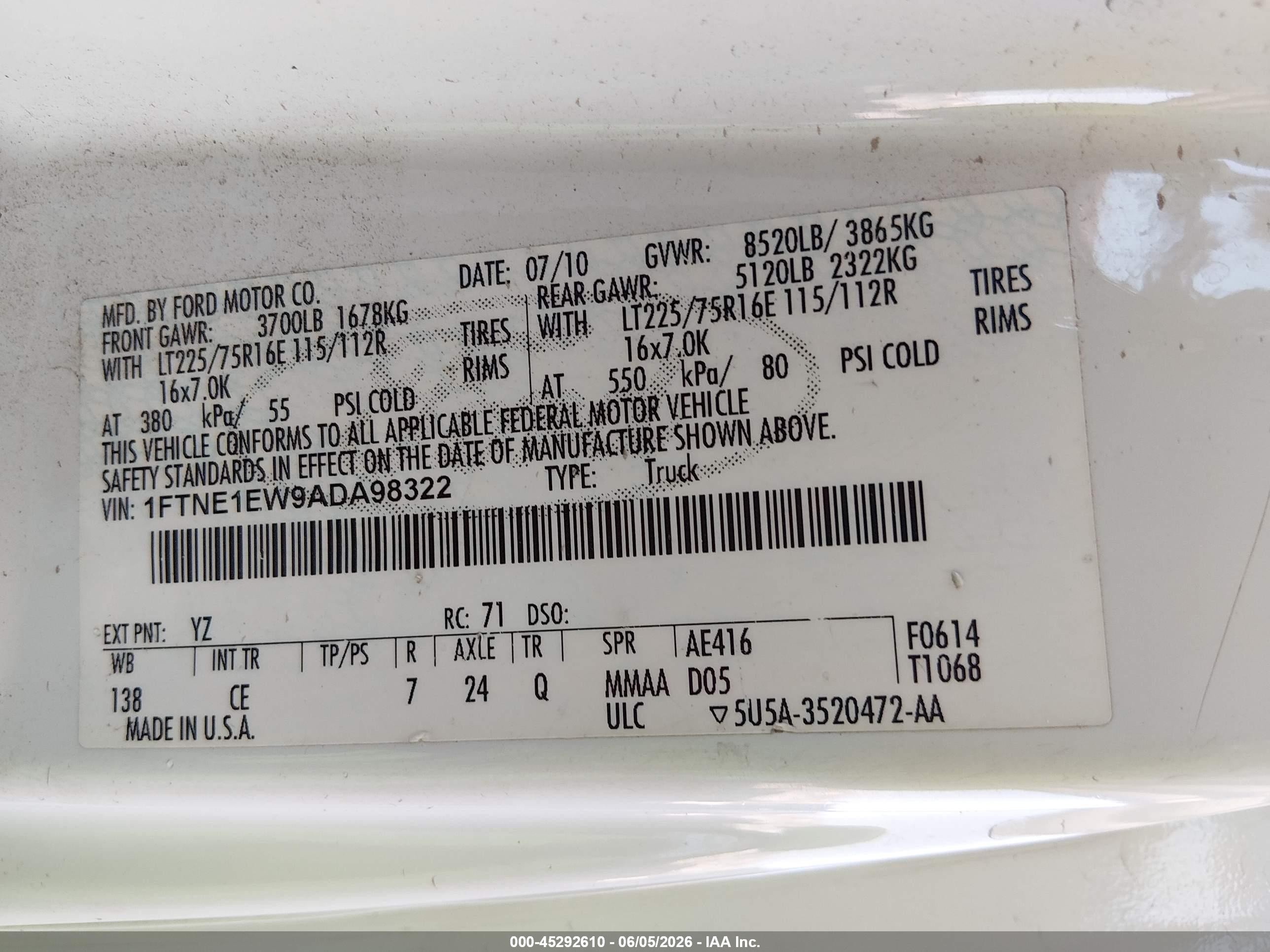 2010 Ford E-150 Commercial/recreational White vin: 1FTNE1EW9ADA98322