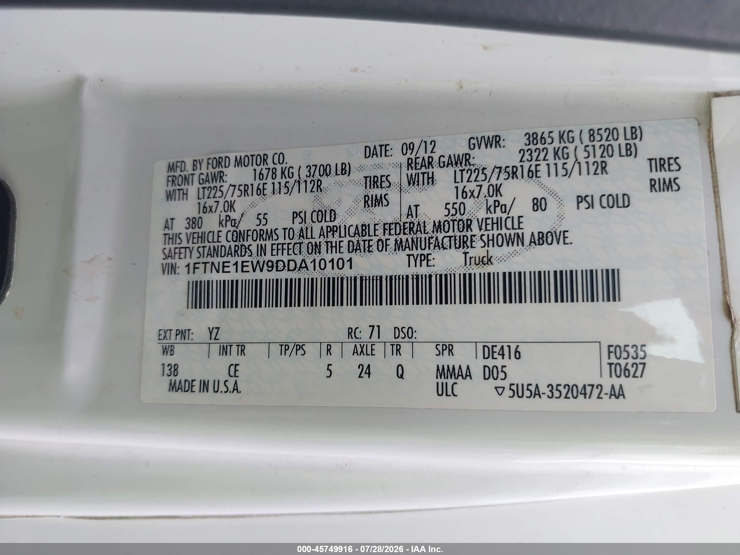 2013 Ford E-150 Commercial White vin: 1FTNE1EW9DDA10101