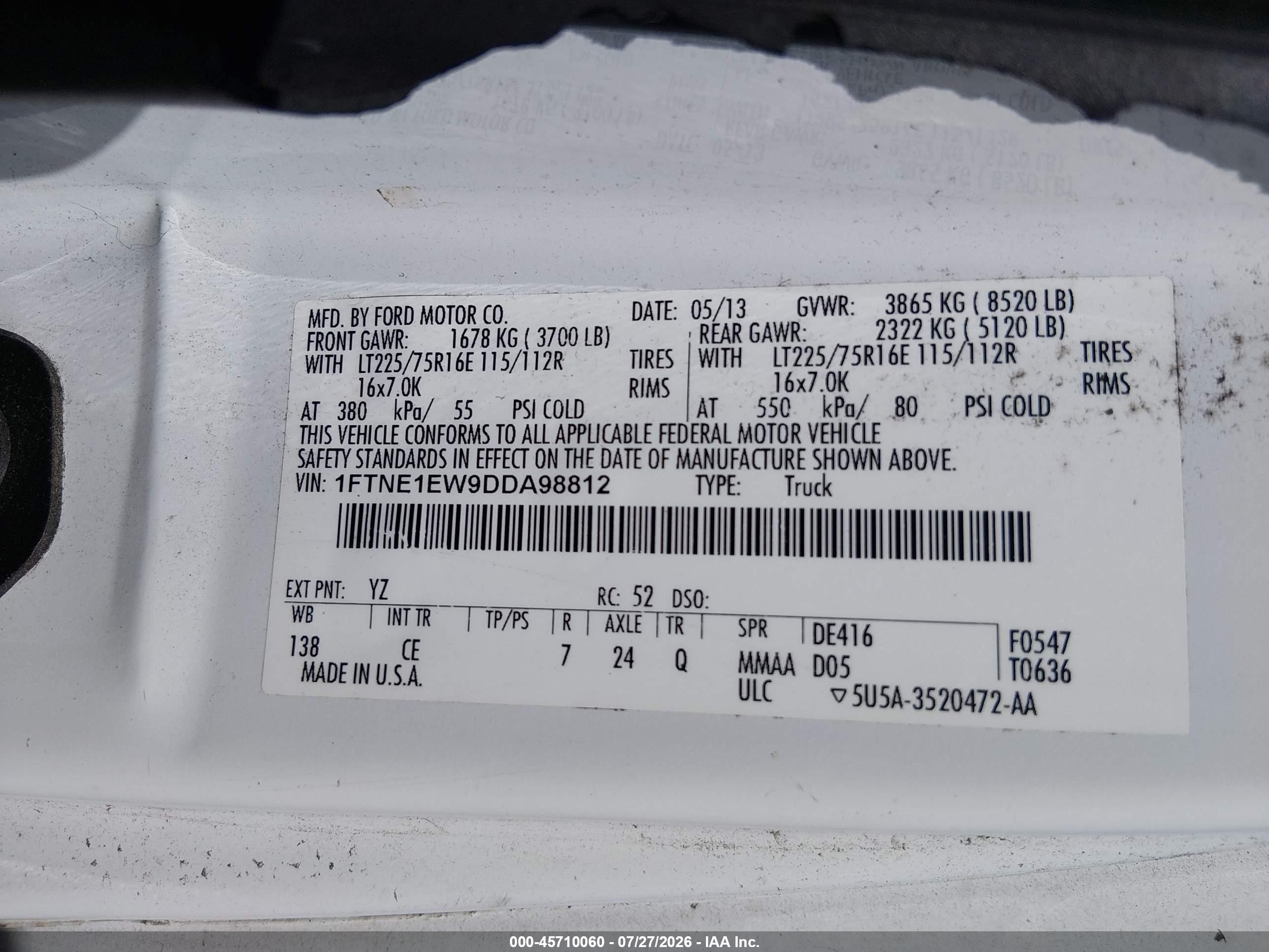 2013 Ford E-150 Commercial White vin: 1FTNE1EW9DDA98812