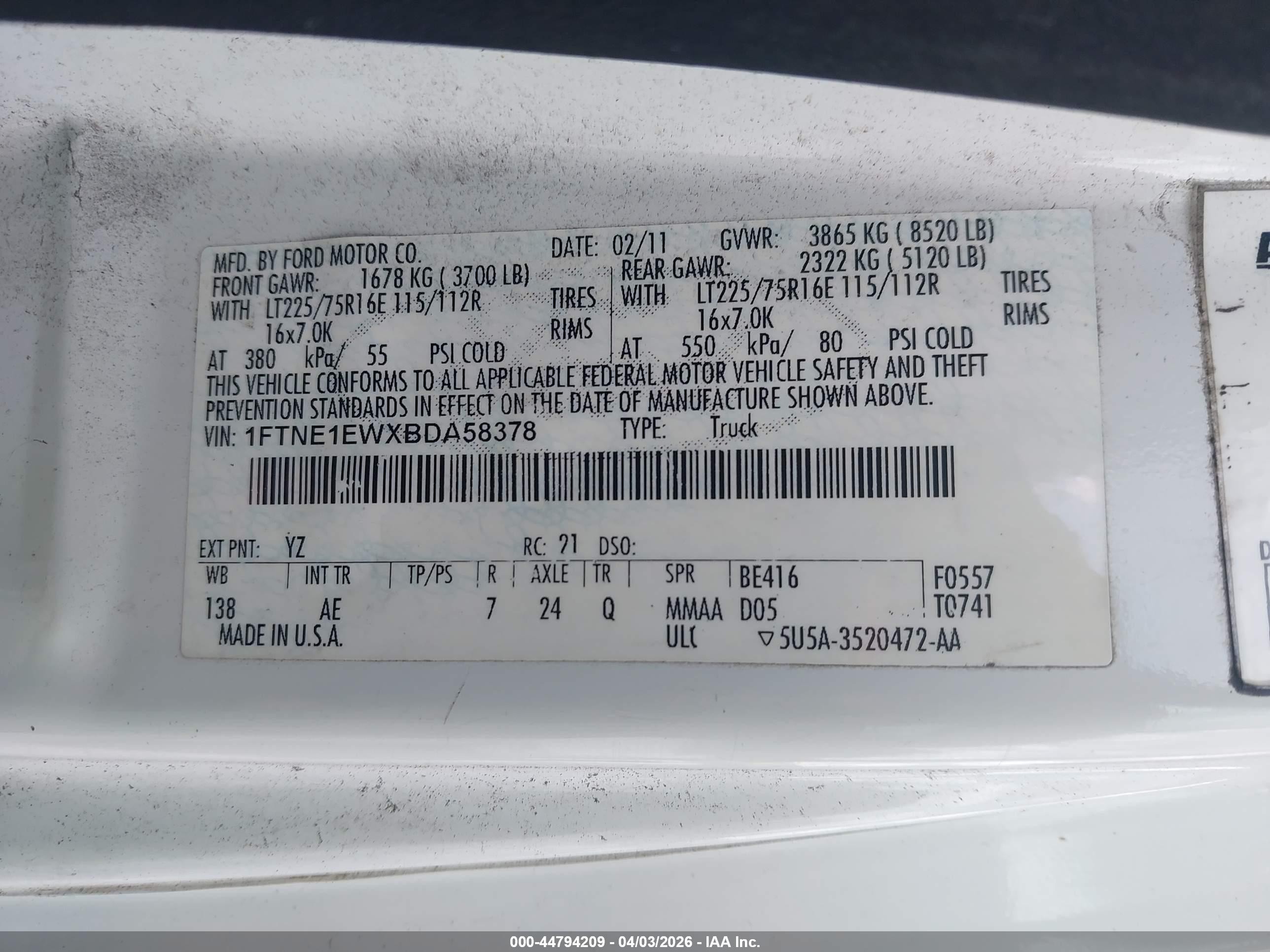 2011 Ford E-150 Commercial White vin: 1FTNE1EWXBDA58378