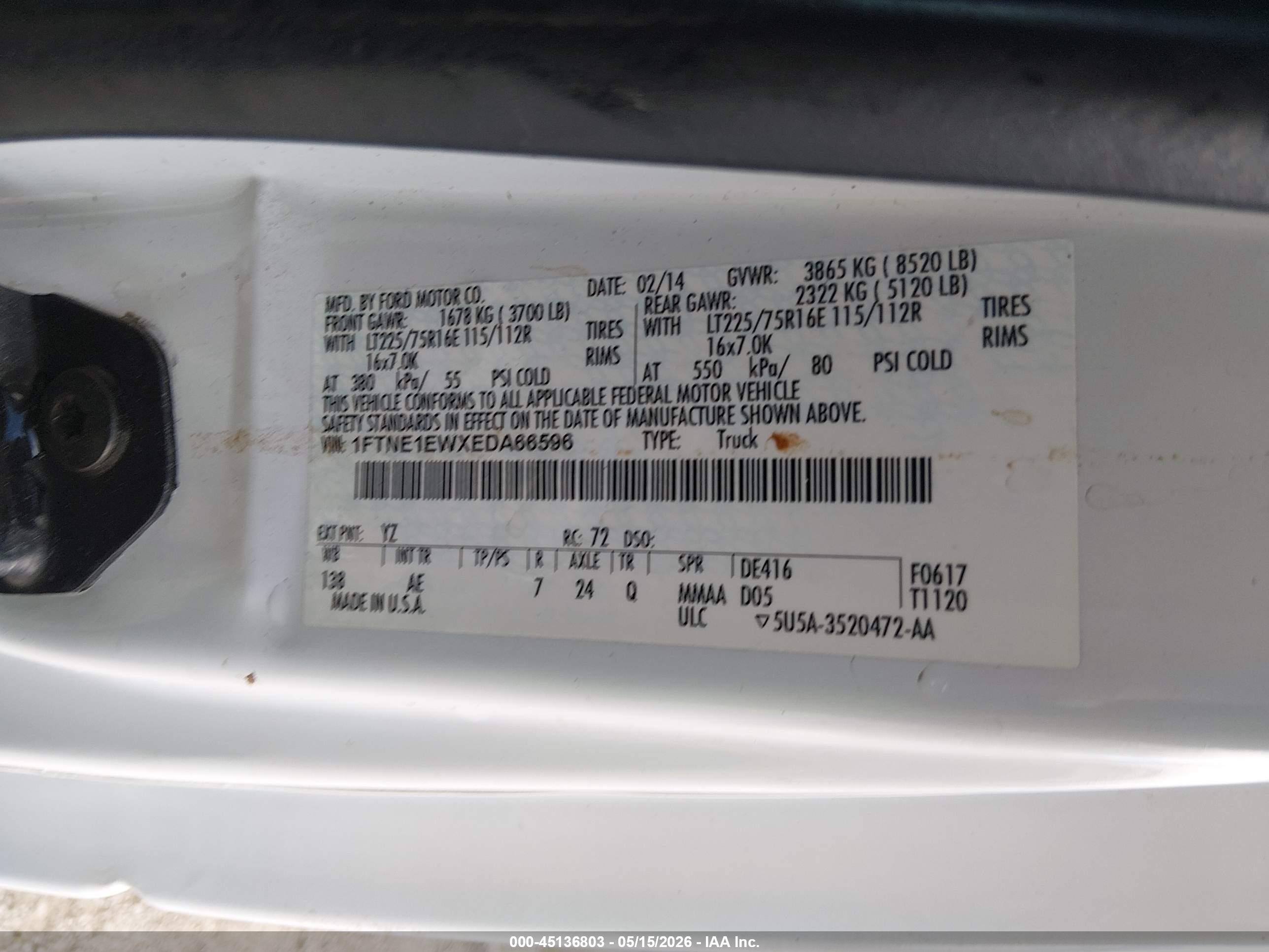 2014 Ford E-150 Commercial White vin: 1FTNE1EWXEDA66596