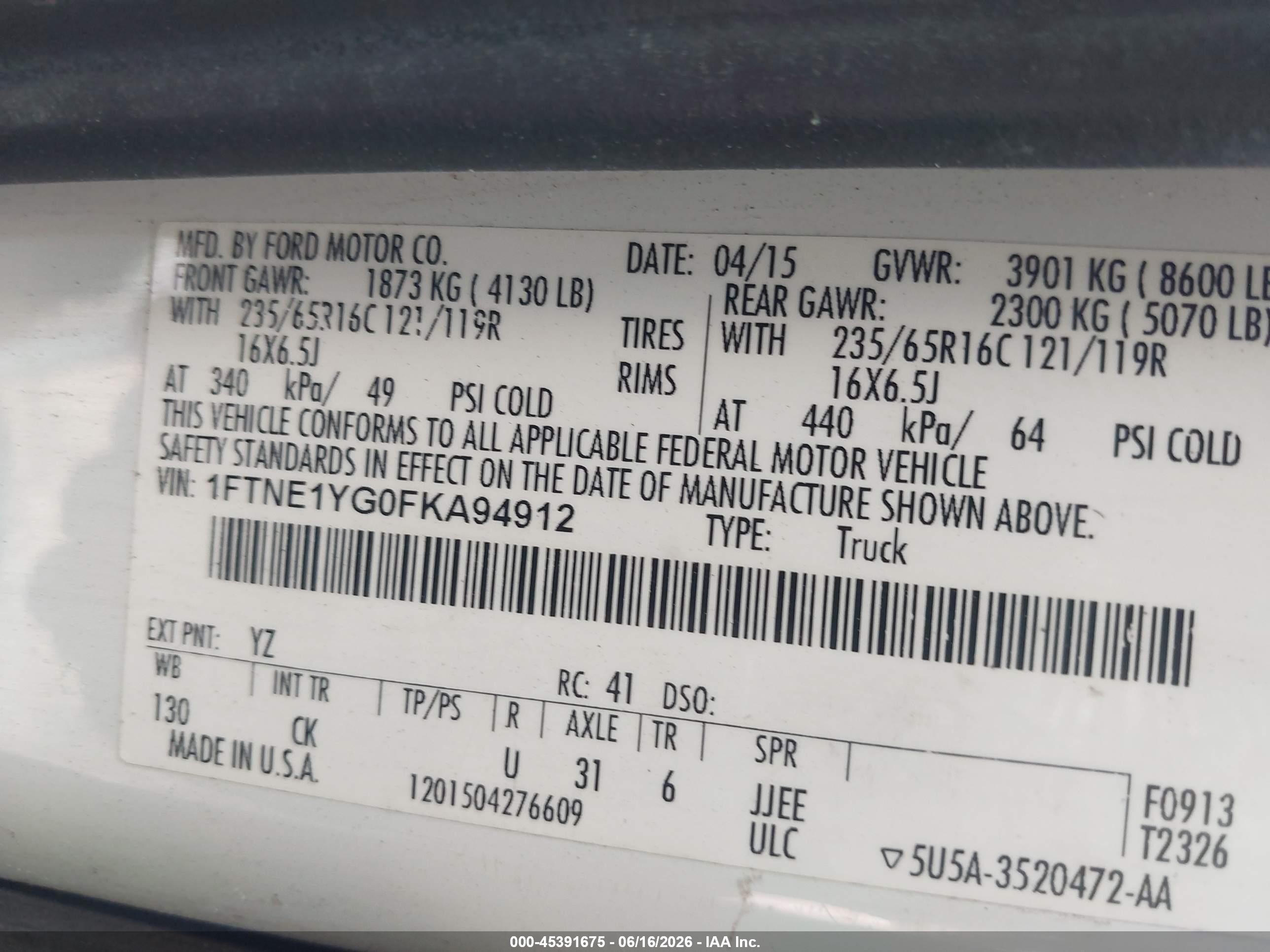 2015 Ford Transit-150   White vin: 1FTNE1YG0FKA94912