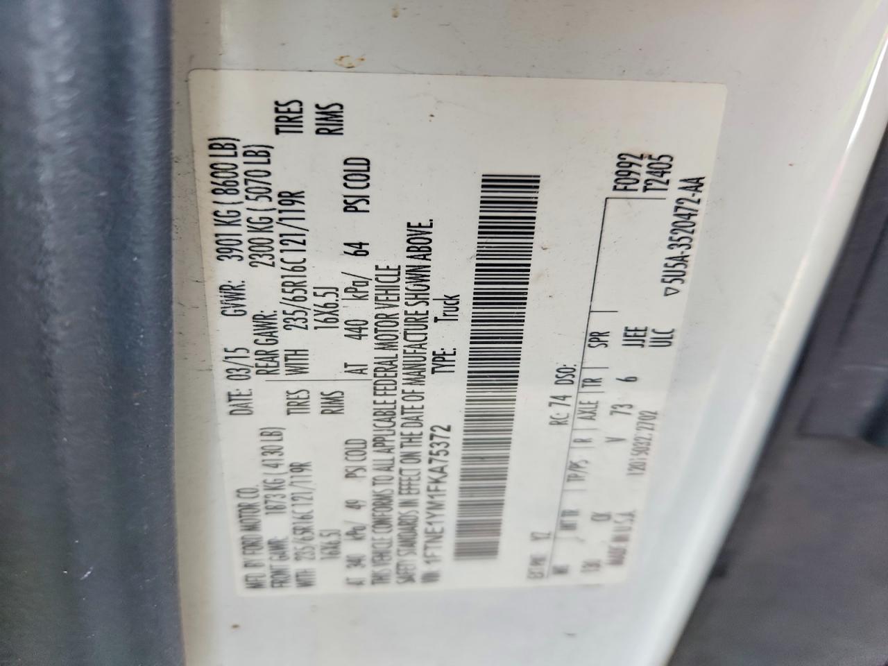 2015 Ford Transit T-150 White vin: 1FTNE1YM1FKA75372