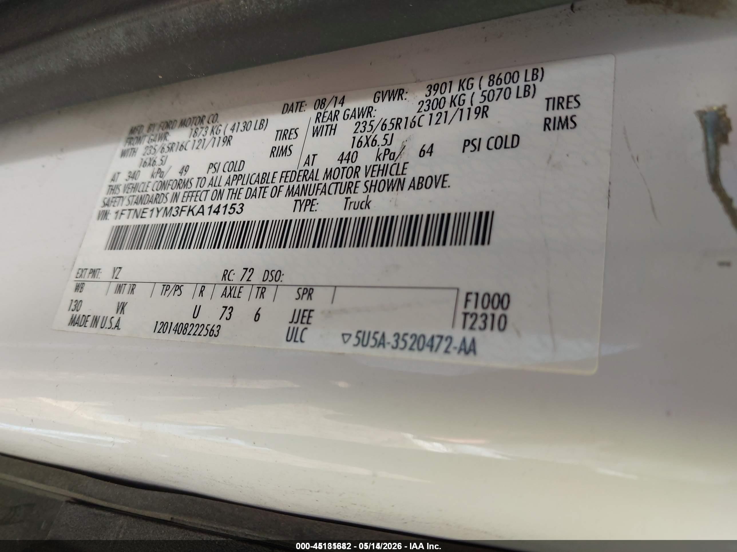 2015 Ford Transit-150   White vin: 1FTNE1YM3FKA14153