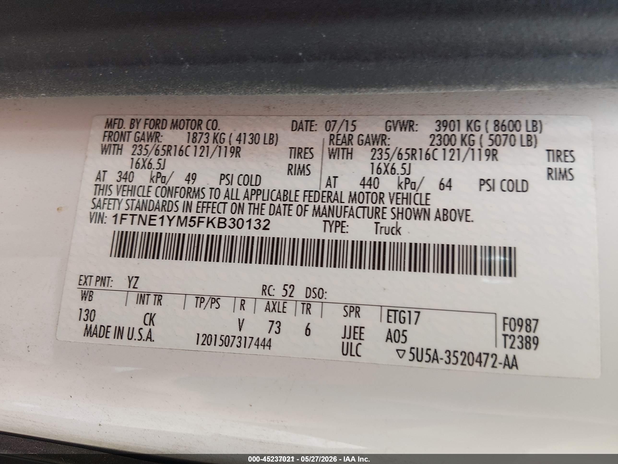 2015 Ford Transit-150   White vin: 1FTNE1YM5FKB30132
