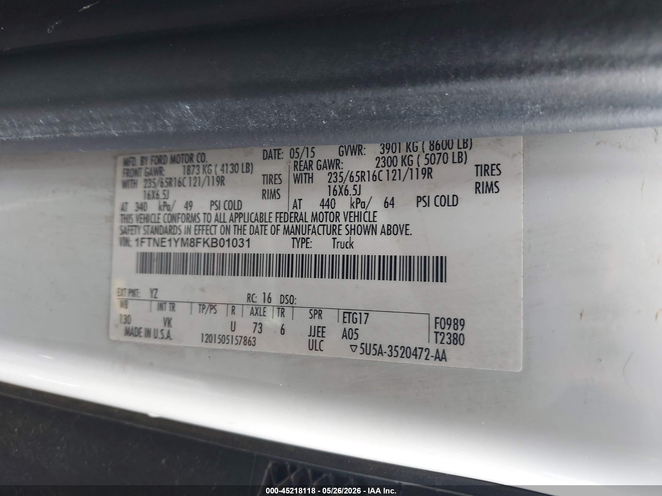 2015 Ford Transit-150   White vin: 1FTNE1YM8FKB01031