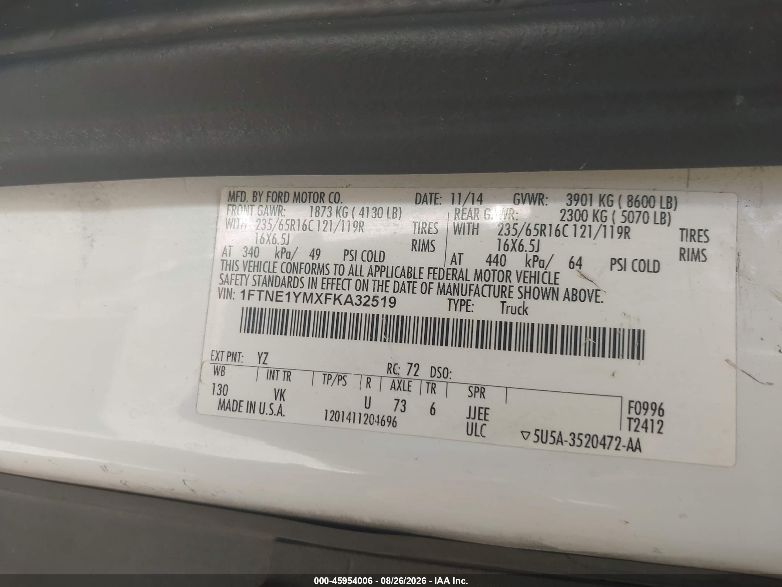 2015 Ford Transit-150   White vin: 1FTNE1YMXFKA32519
