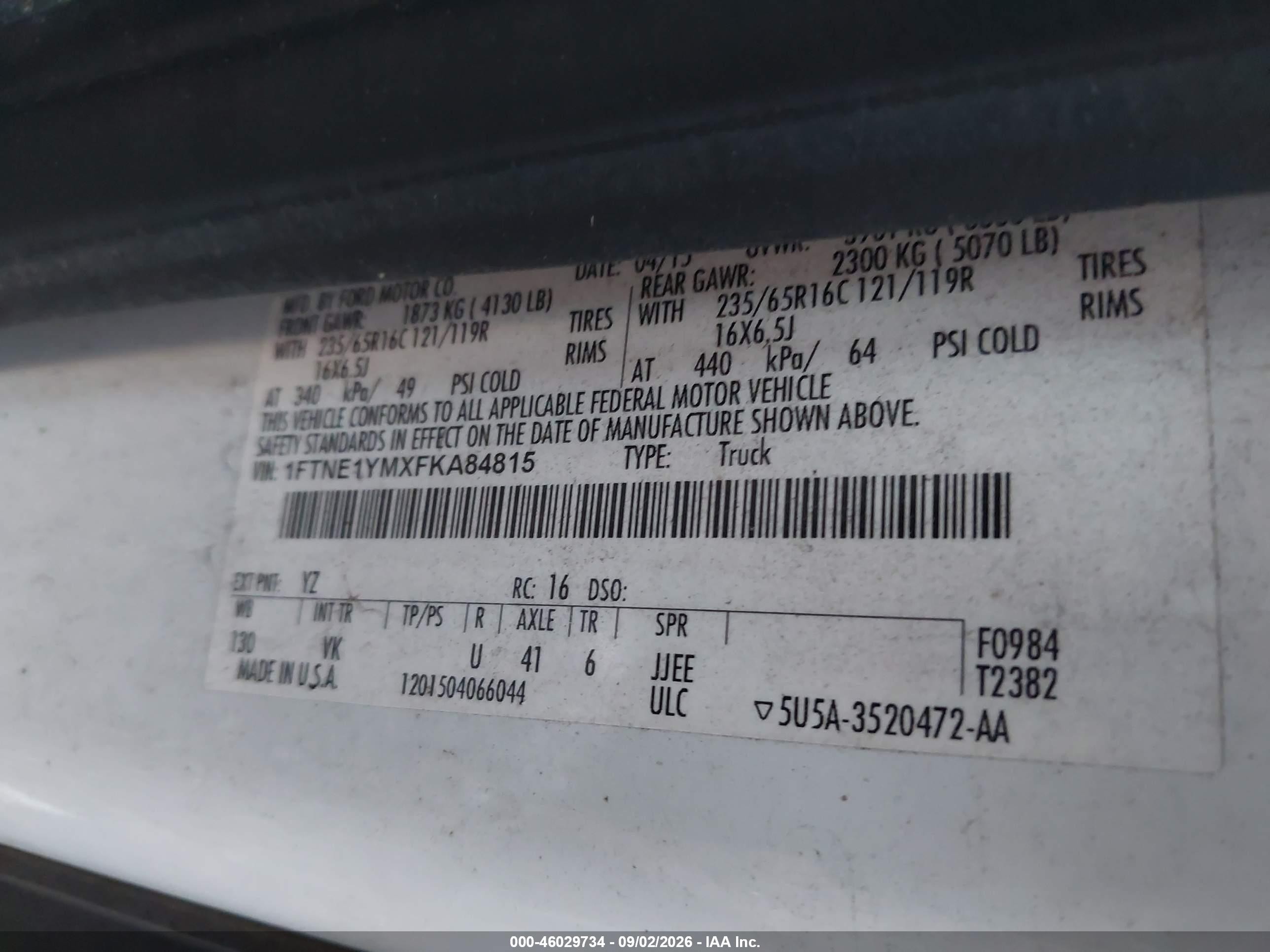 2015 Ford Transit-150   White vin: 1FTNE1YMXFKA84815