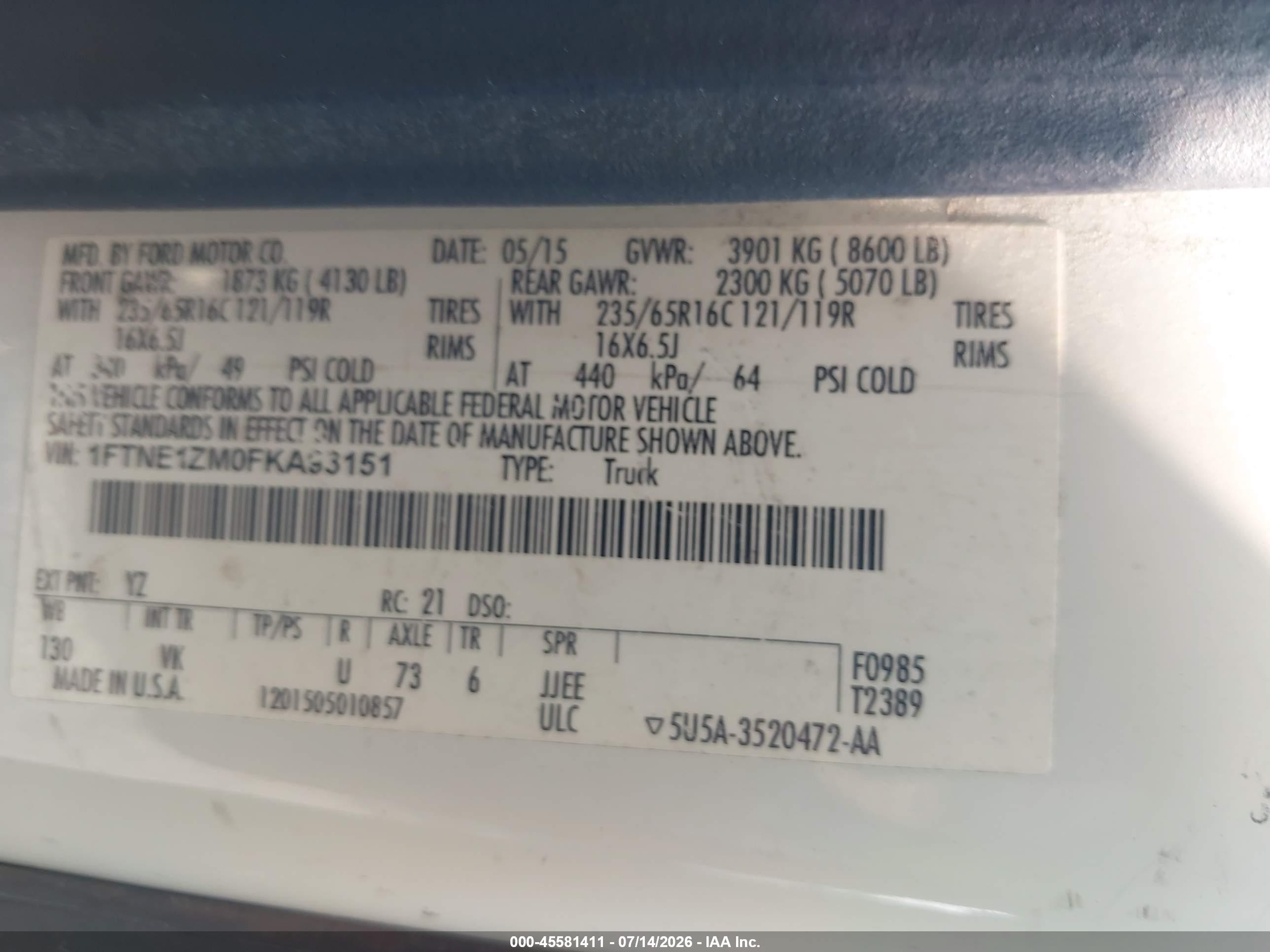 2015 Ford Transit-150   White vin: 1FTNE1ZM0FKA93151