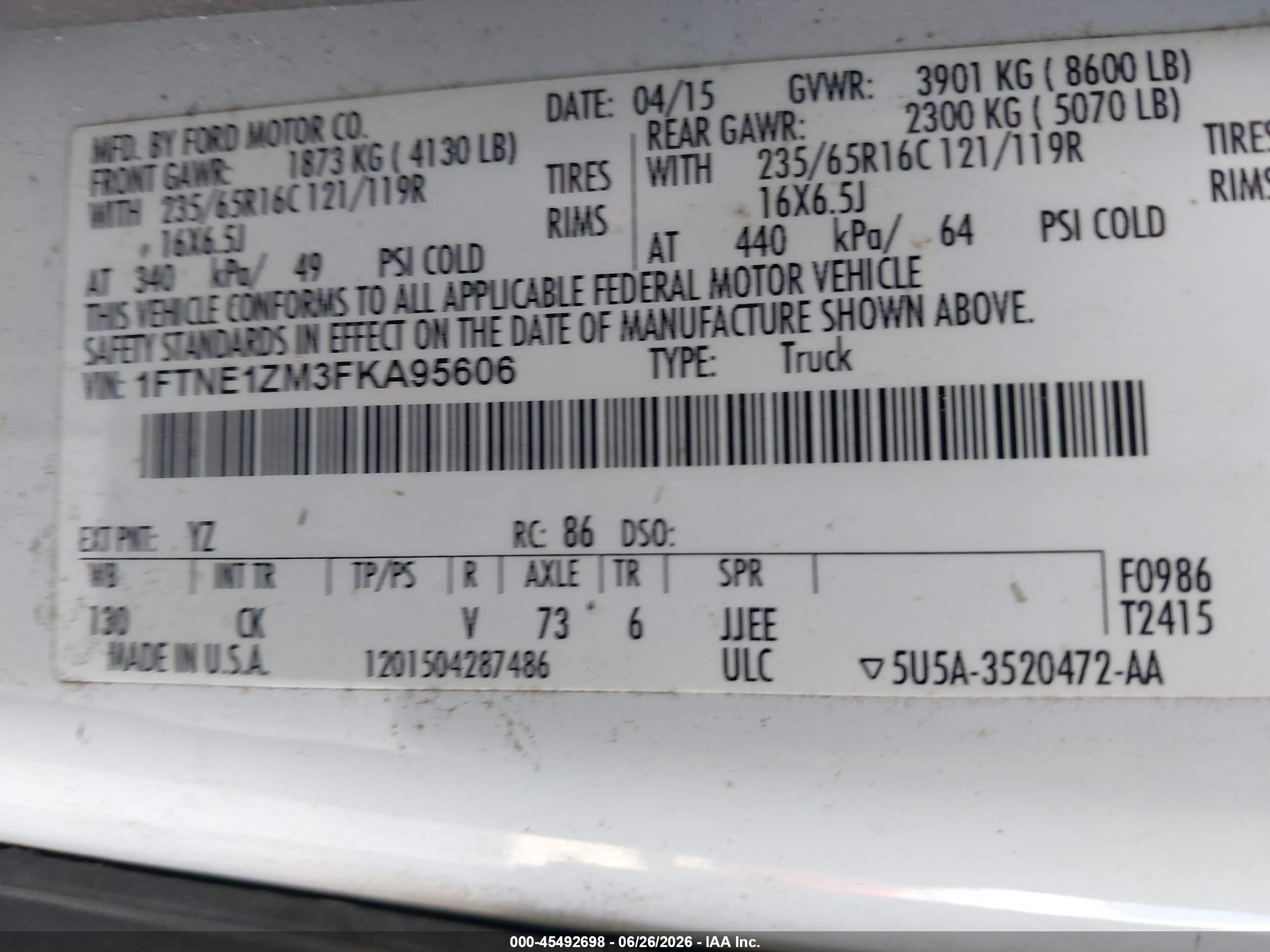 2015 Ford Transit-150   White vin: 1FTNE1ZM3FKA95606