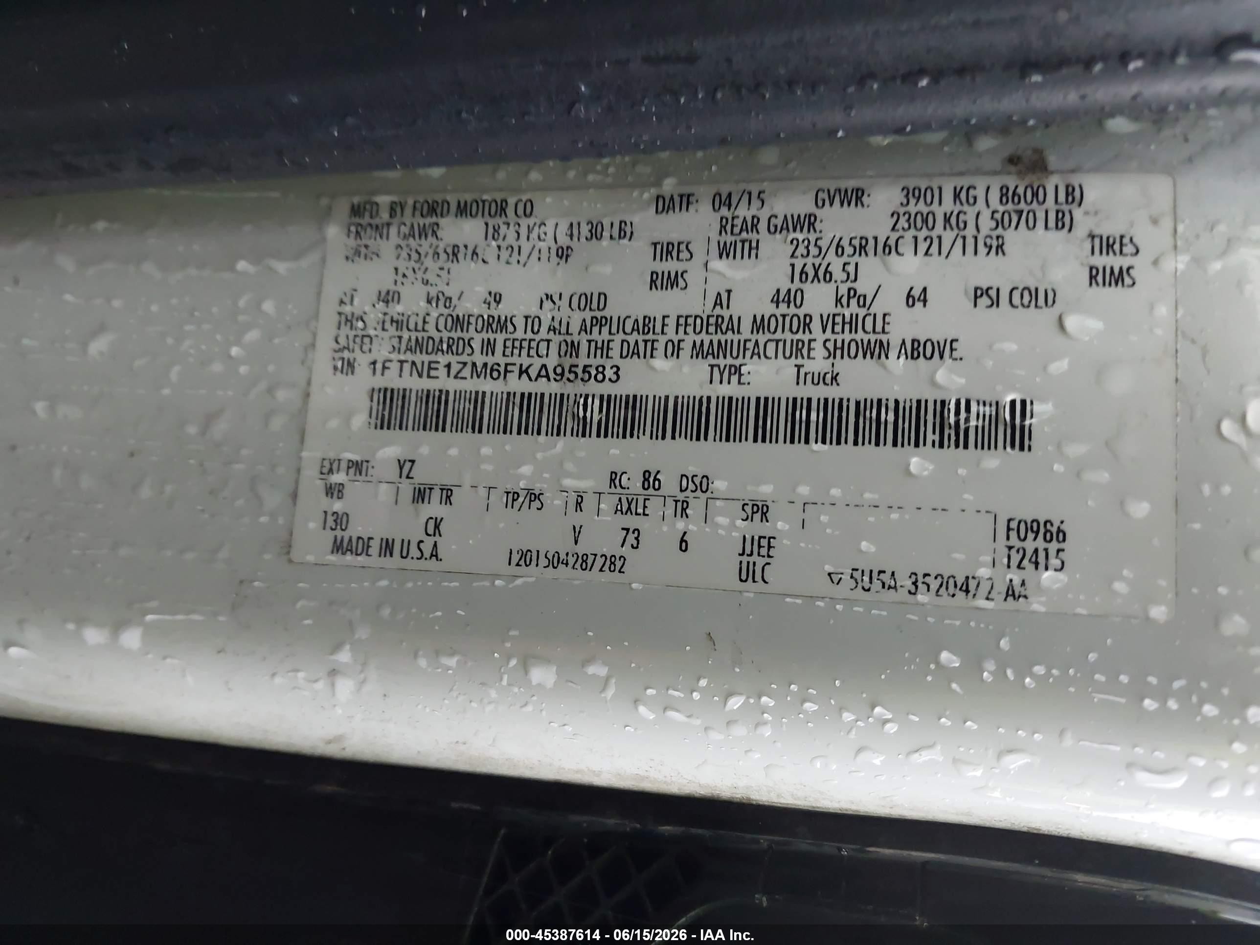 2015 Ford Transit-150   White vin: 1FTNE1ZM6FKA95583