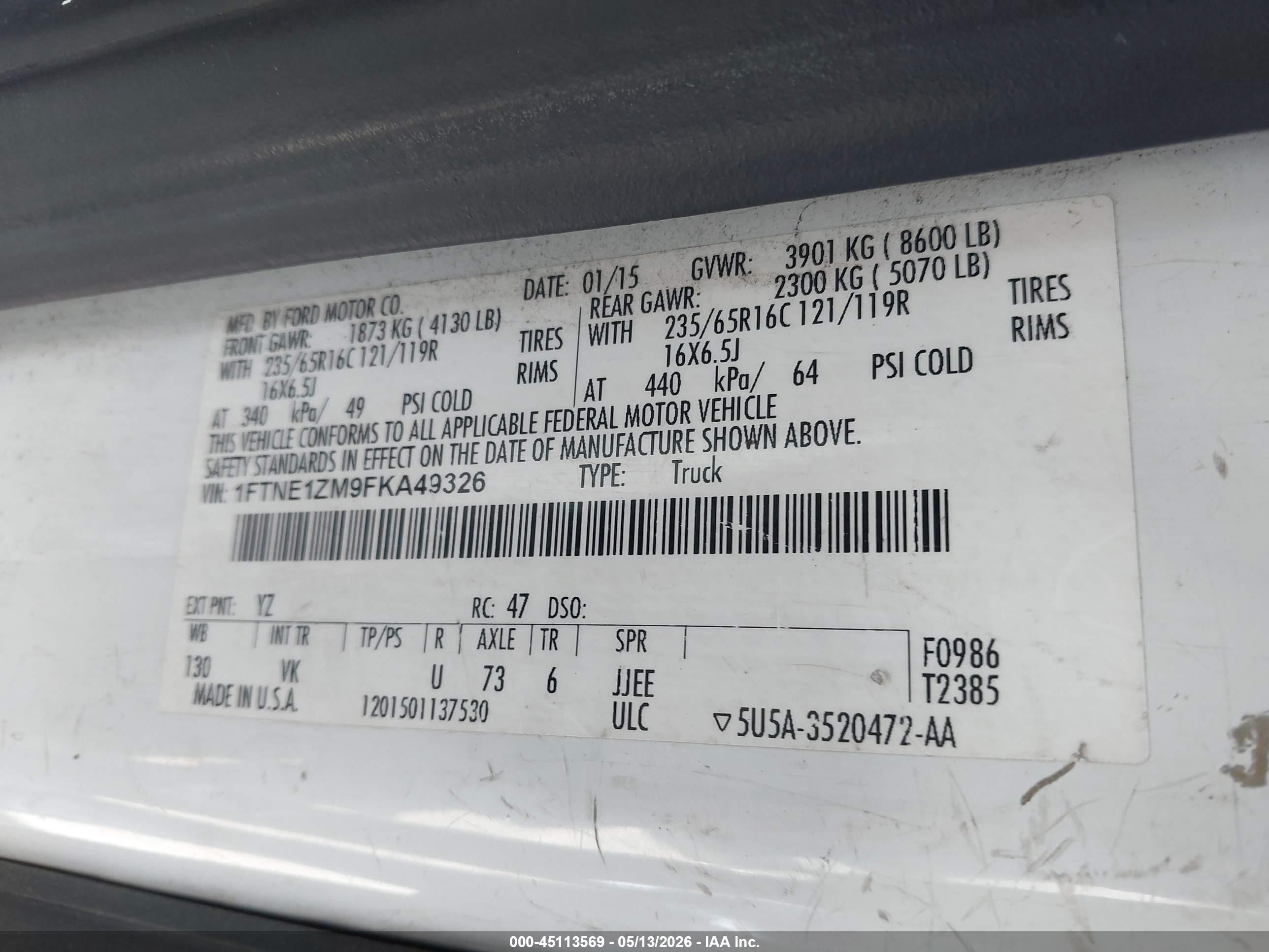 2015 Ford Transit-150   White vin: 1FTNE1ZM9FKA49326