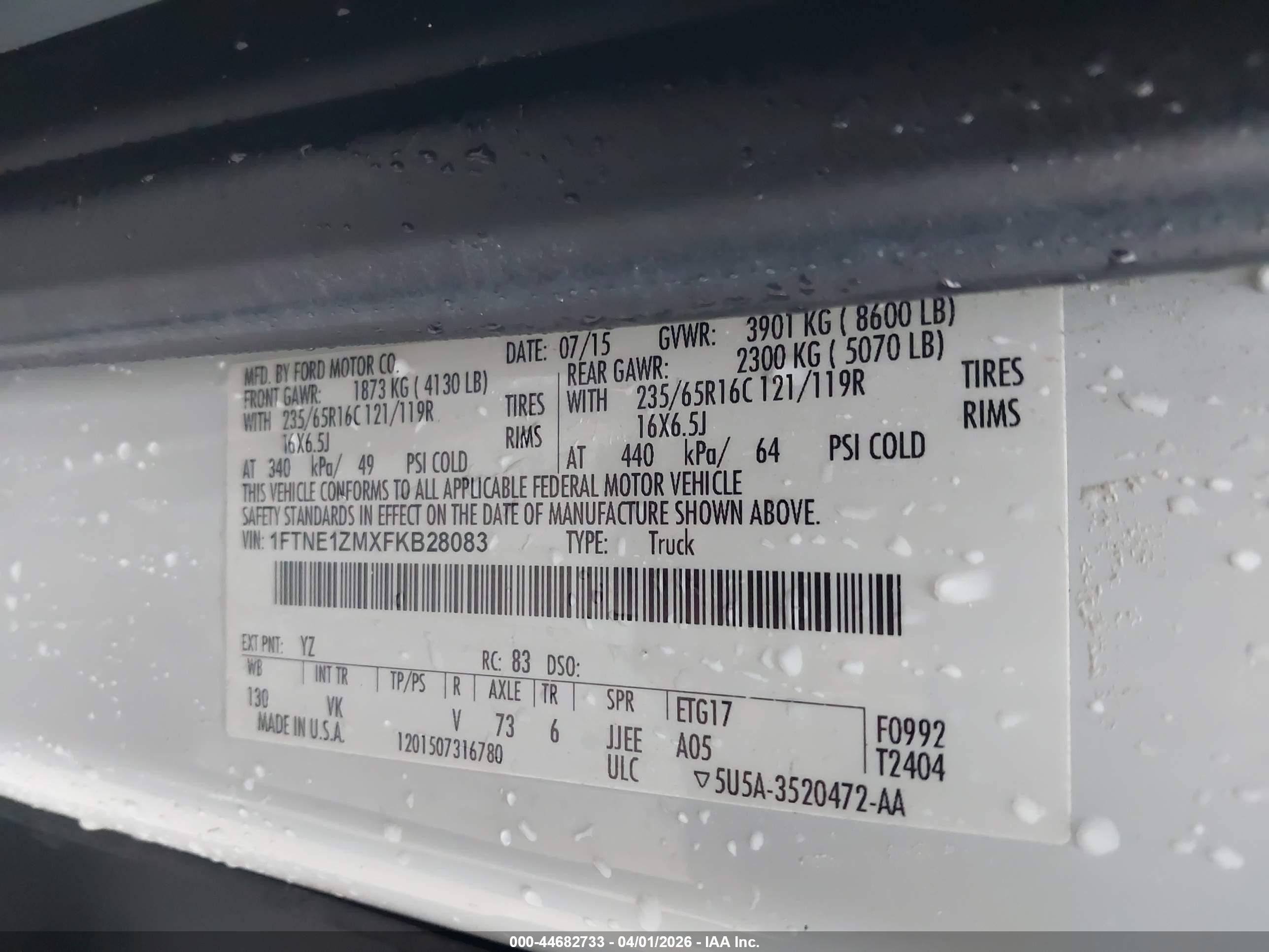 2015 Ford Transit-150   White vin: 1FTNE1ZMXFKB28083