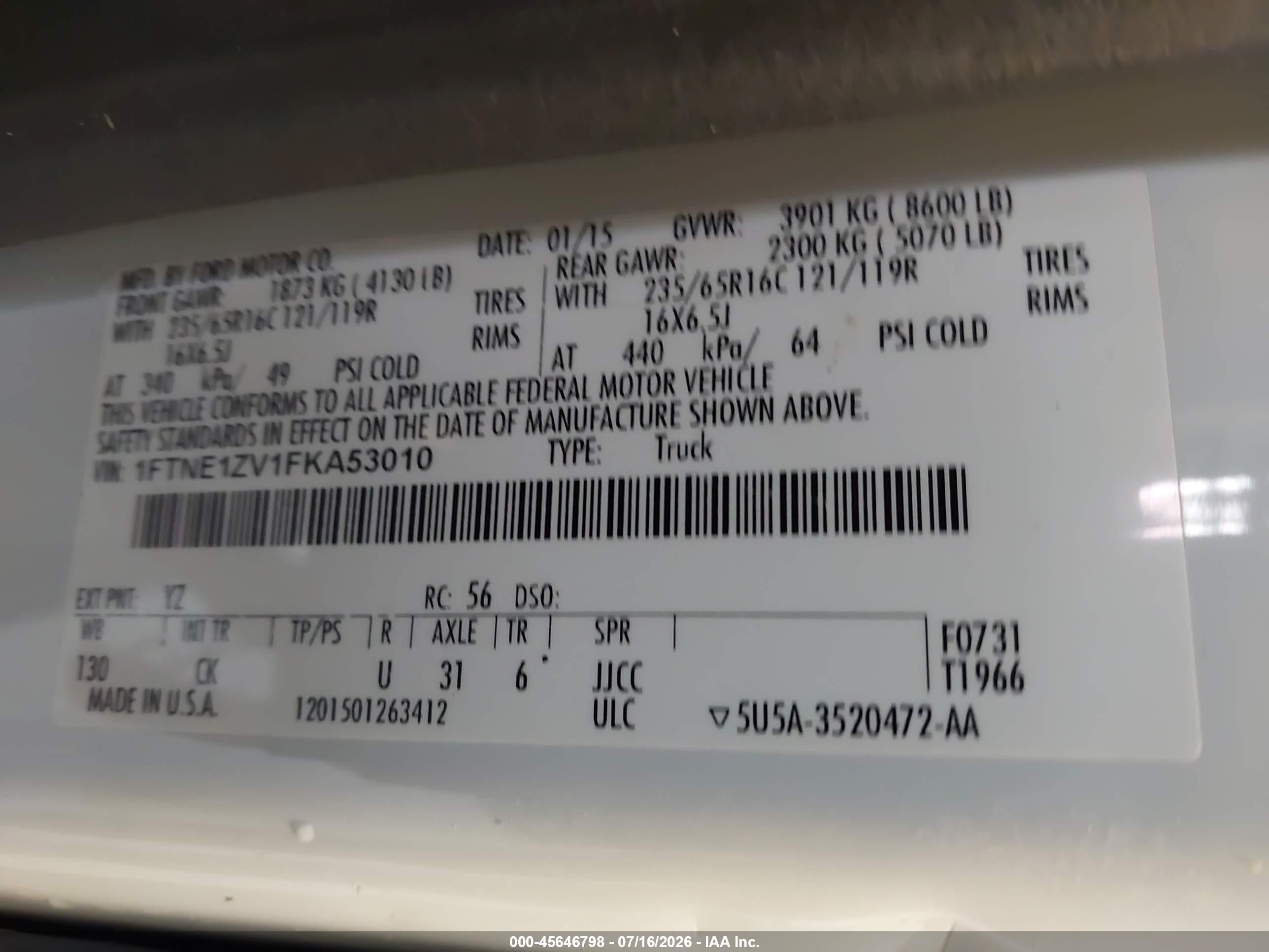 2015 Ford Transit-150   White vin: 1FTNE1ZV1FKA53010