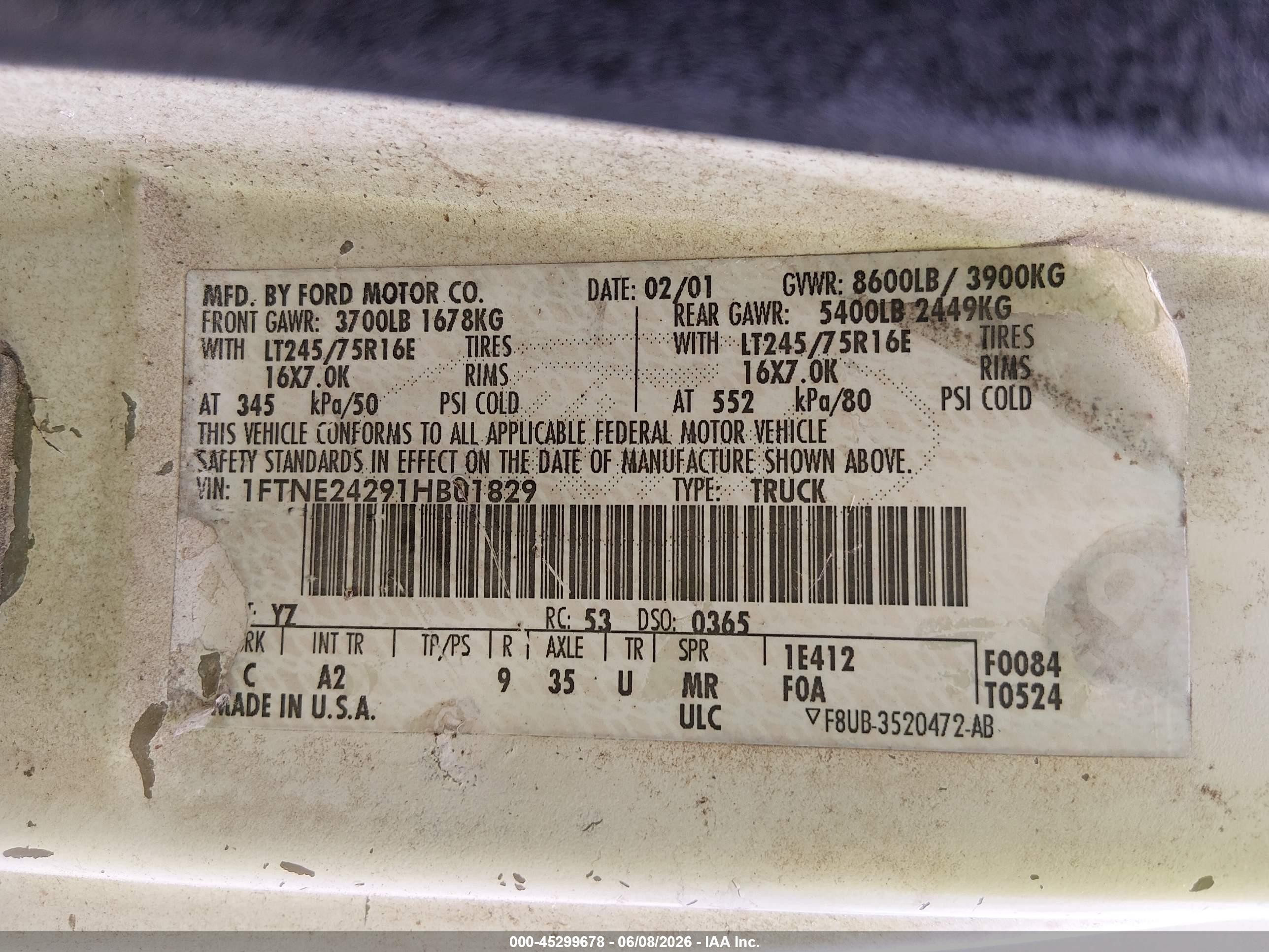 2001 Ford E-250 Commercial White vin: 1FTNE24291HB01829