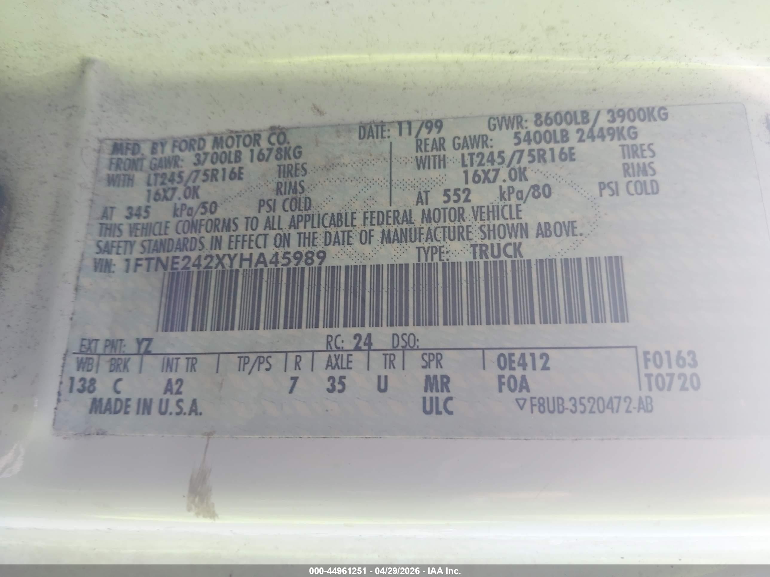 2000 Ford E-250 Commercial White vin: 1FTNE242XYHA45989