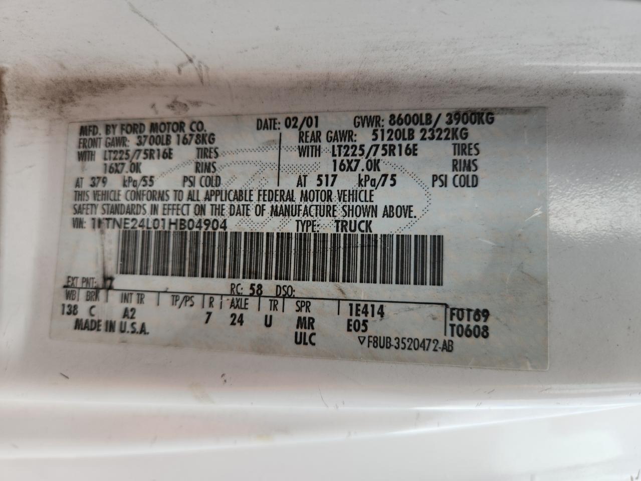 2001 Ford Econoline E250 Van White vin: 1FTNE24L01HB04904
