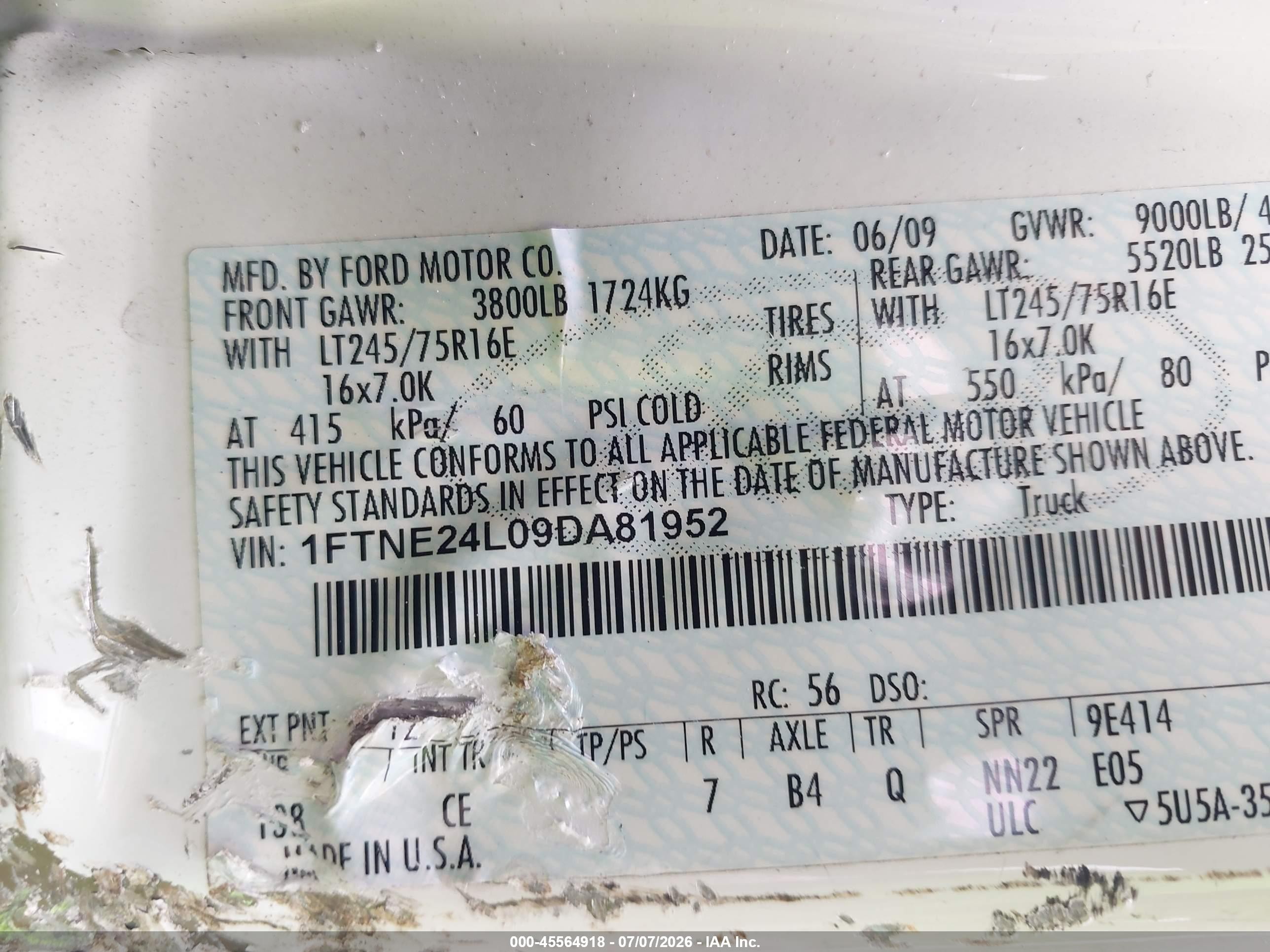 2009 Ford E-250 Commercial/recreational White vin: 1FTNE24L09DA81952