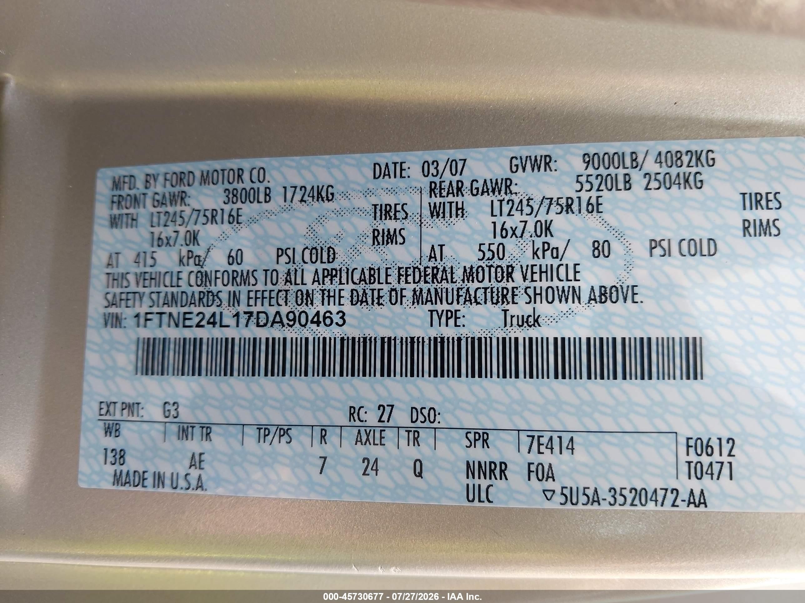 2007 Ford E-250 Commercial/recreational Beige vin: 1FTNE24L17DA90463