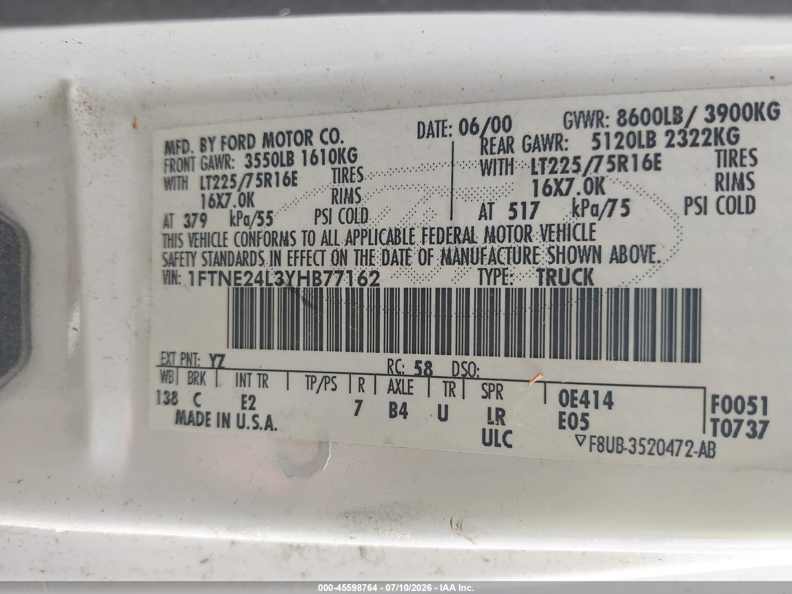 2000 Ford E-250 Commercial/recreational White vin: 1FTNE24L3YHB77162