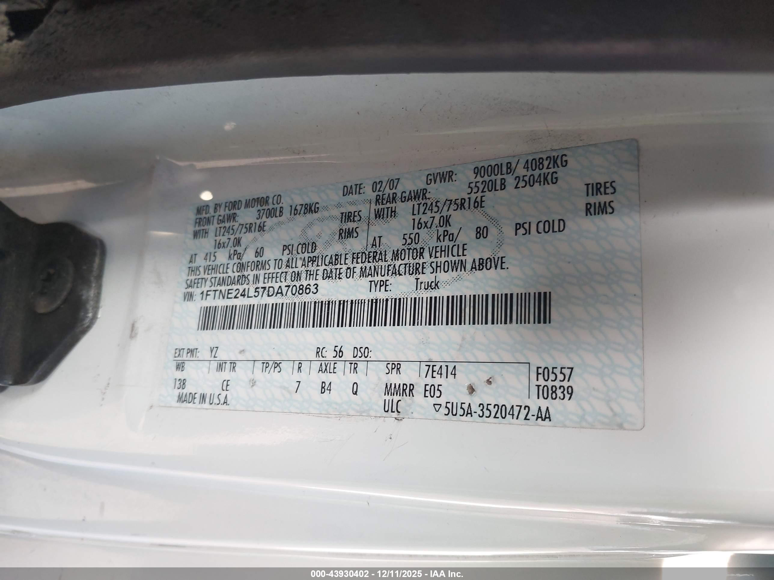 2007 Ford E-250 Commercial/recreational Белый vin: 1FTNE24L57DA70863