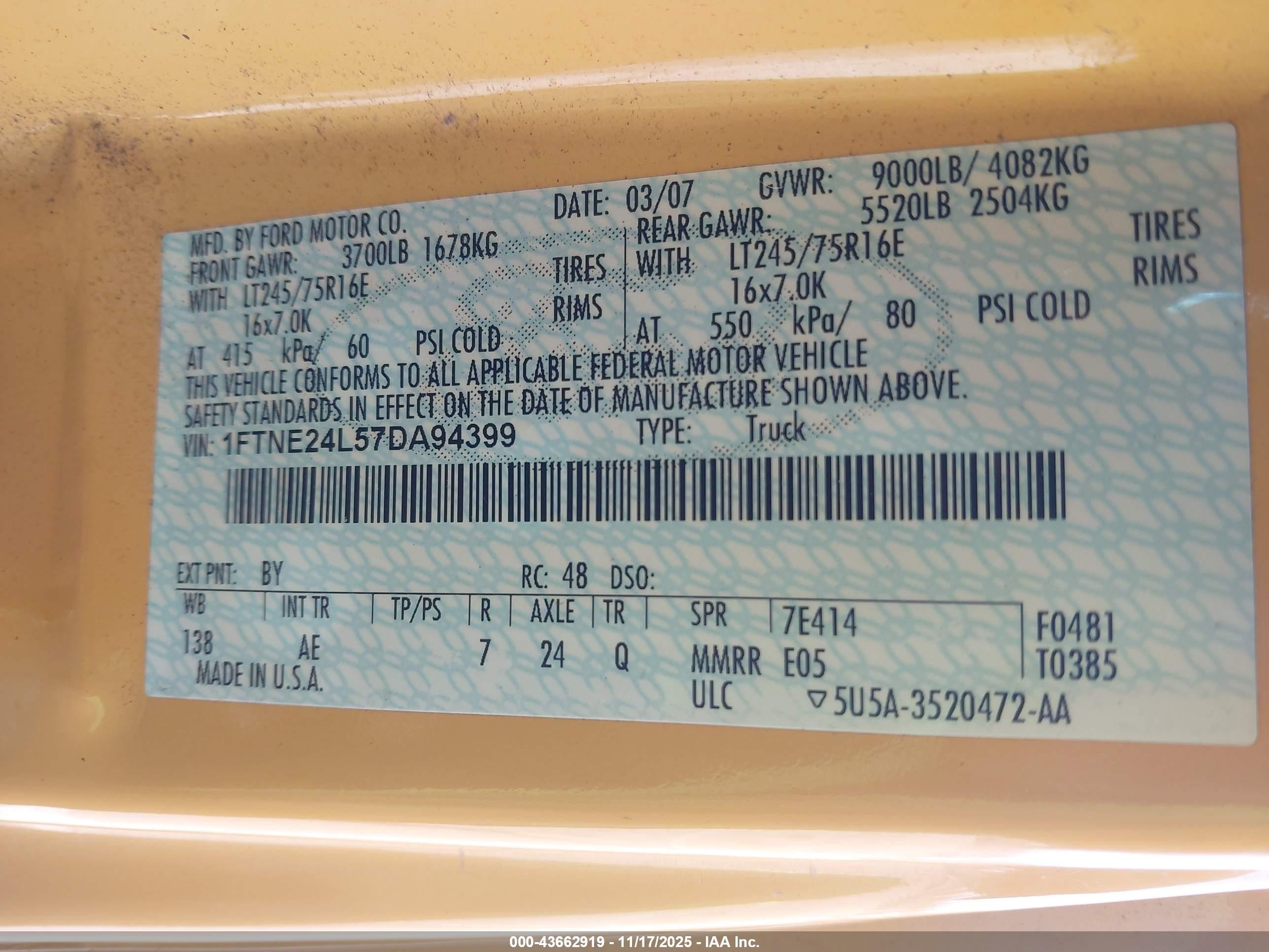 2007 Ford E-250 Commercial/recreational Yellow vin: 1FTNE24L57DA94399