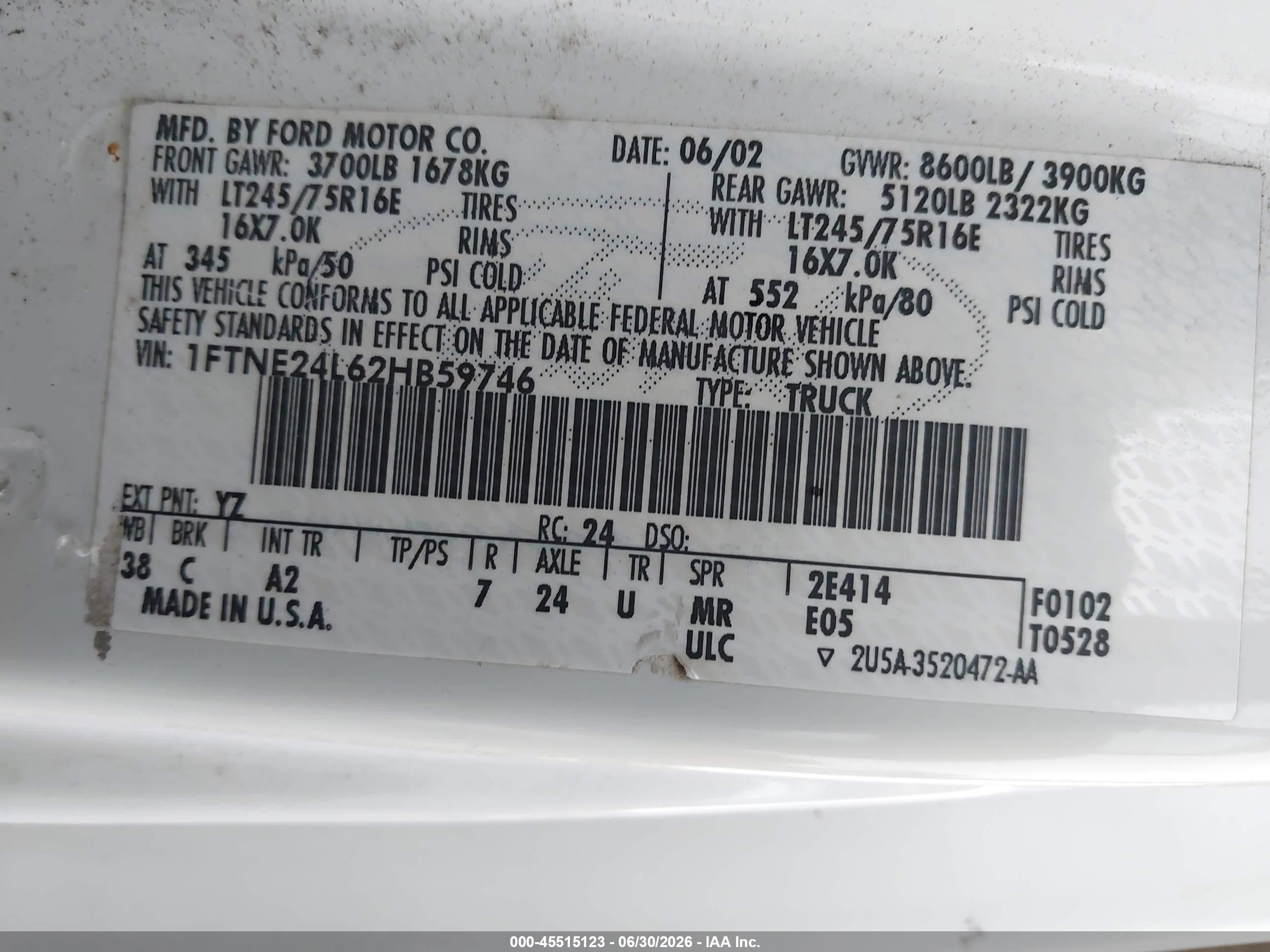 2002 Ford E-250 Commercial/recreational White vin: 1FTNE24L62HB59746