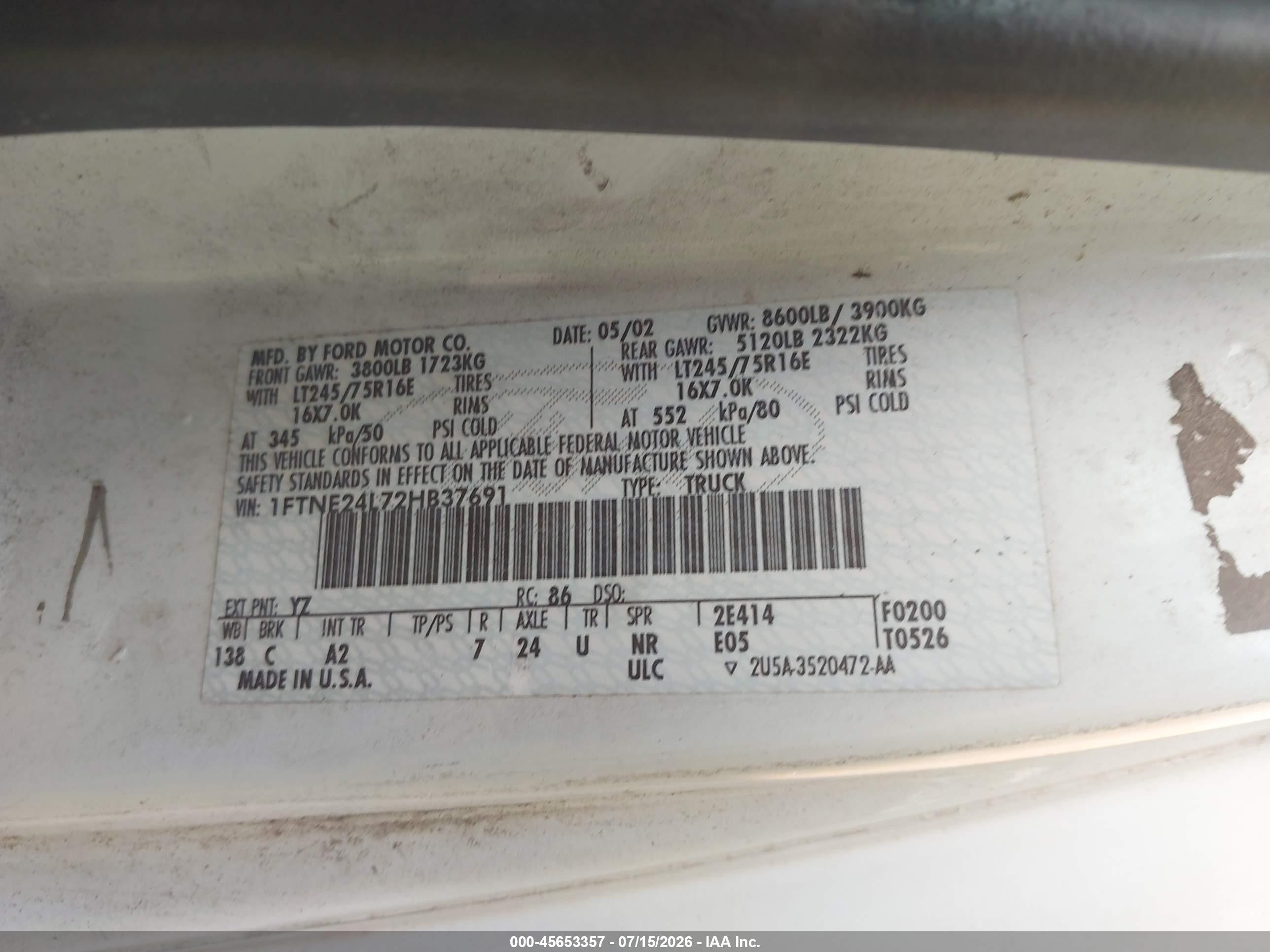 2002 Ford E-250 Commercial/recreational White vin: 1FTNE24L72HB37691